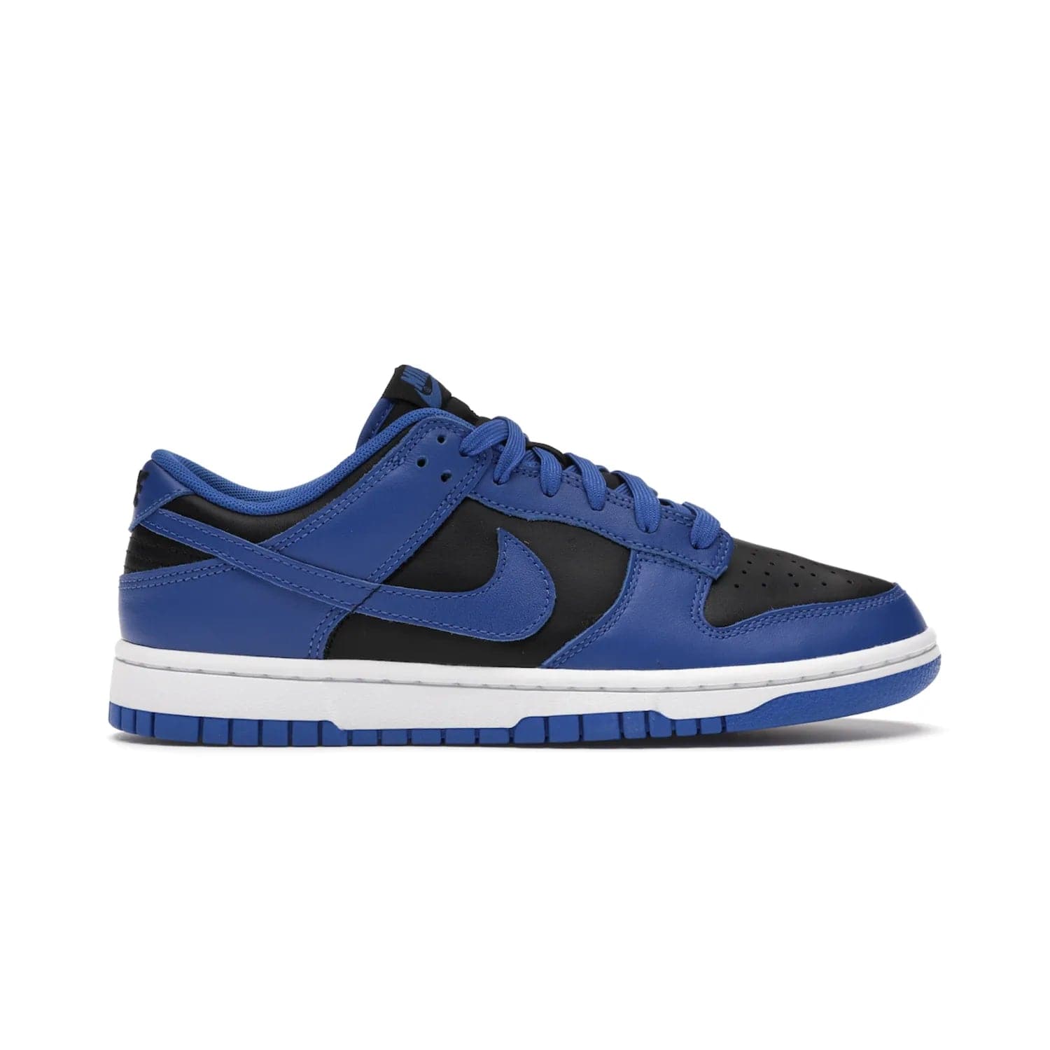 Nike Dunk Low Retro Black Hyper Cobalt (2021) - Image 1 - Only at www.BallersClubKickz.com - New limited-release Nike Dunk Low Retro Black/Hyper Cobalt (2021). The upper features a mix of black and hyper cobalt leather overlays, a classic basketball design and embroidered black "NIKE" branding. Get the shoe now for $100 and make a statement.
