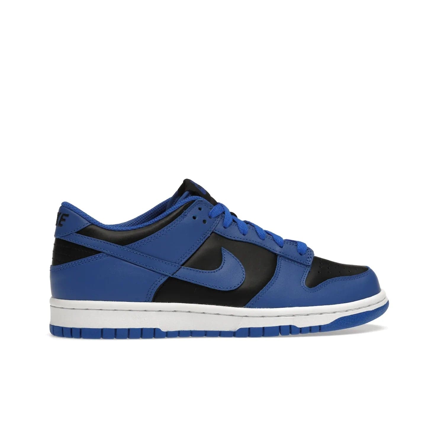 Nike Dunk Low Retro Hyper Cobalt (GS) - Image 36 - Only at www.BallersClubKickz.com - The Nike Dunk Low Retro Hyper Cobalt GS: black leather upper with vibrant Hyper Cobalt overlays, padded nylon tongue & mesh collar, white midsole & Hyper Cobalt outsole. Released on 18th Feb 2021, $85.