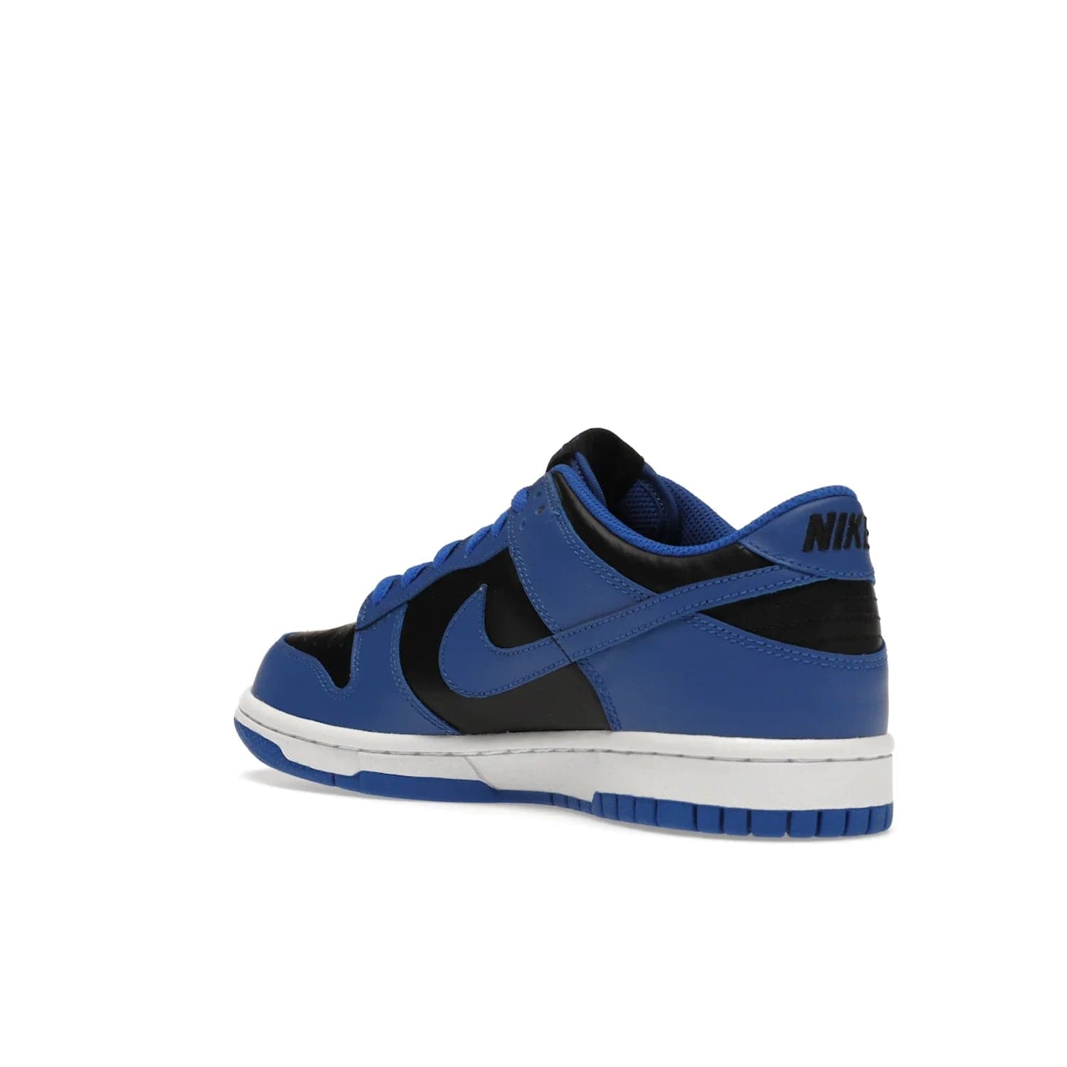Nike Dunk Low Retro Hyper Cobalt (GS) - Image 24 - Only at www.BallersClubKickz.com - The Nike Dunk Low Retro Hyper Cobalt GS: black leather upper with vibrant Hyper Cobalt overlays, padded nylon tongue & mesh collar, white midsole & Hyper Cobalt outsole. Released on 18th Feb 2021, $85.