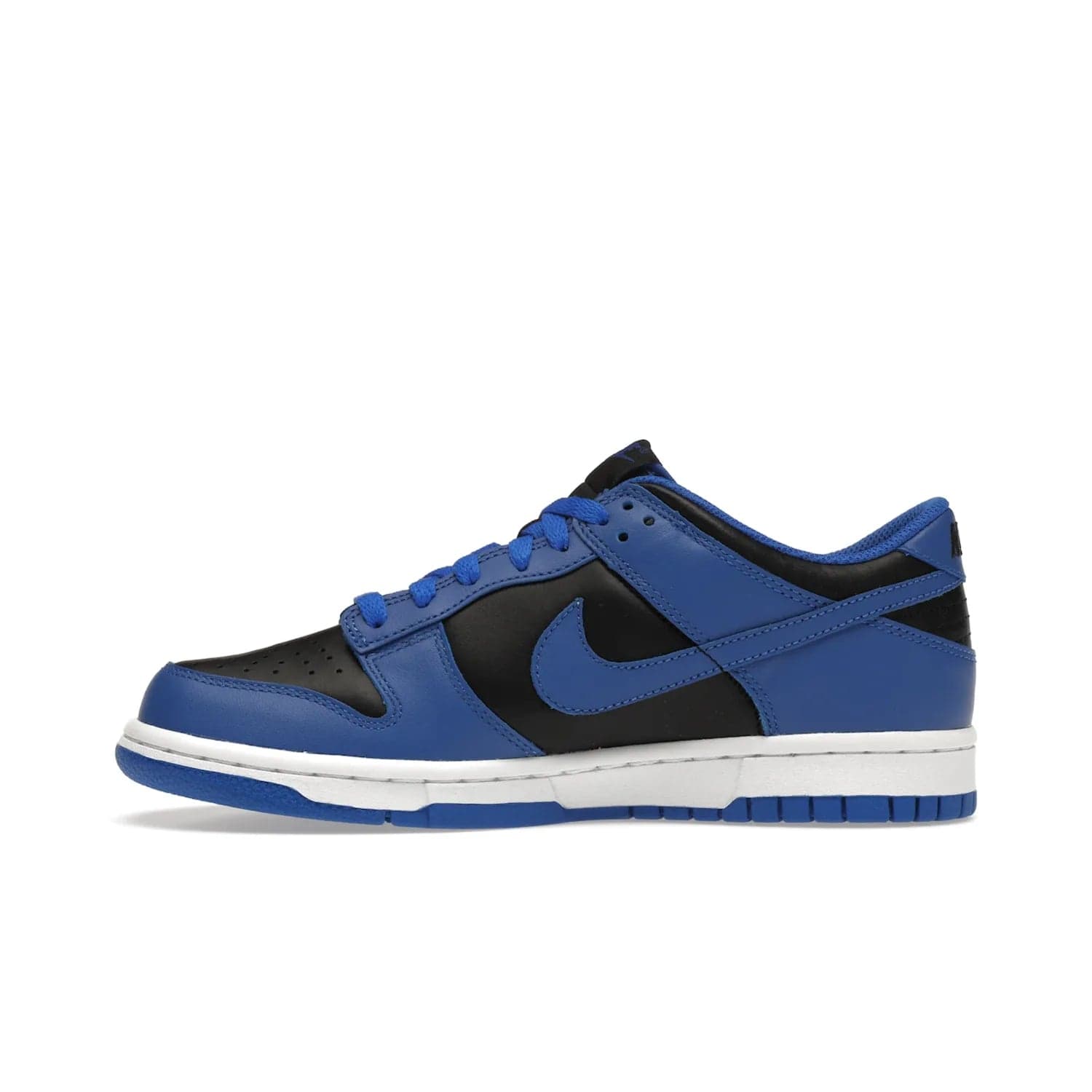 Nike Dunk Low Retro Hyper Cobalt (GS) - Image 19 - Only at www.BallersClubKickz.com - The Nike Dunk Low Retro Hyper Cobalt GS: black leather upper with vibrant Hyper Cobalt overlays, padded nylon tongue & mesh collar, white midsole & Hyper Cobalt outsole. Released on 18th Feb 2021, $85.