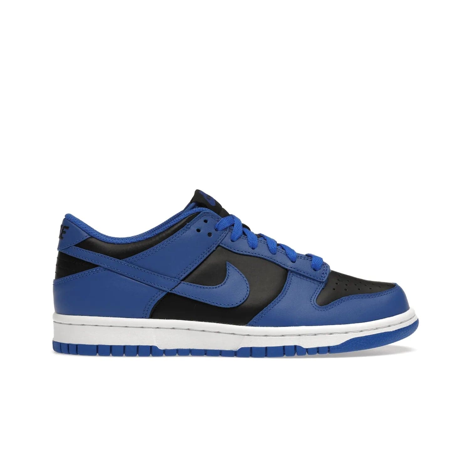 Nike Dunk Low Retro Hyper Cobalt (GS) - Image 1 - Only at www.BallersClubKickz.com - The Nike Dunk Low Retro Hyper Cobalt GS: black leather upper with vibrant Hyper Cobalt overlays, padded nylon tongue & mesh collar, white midsole & Hyper Cobalt outsole. Released on 18th Feb 2021, $85.