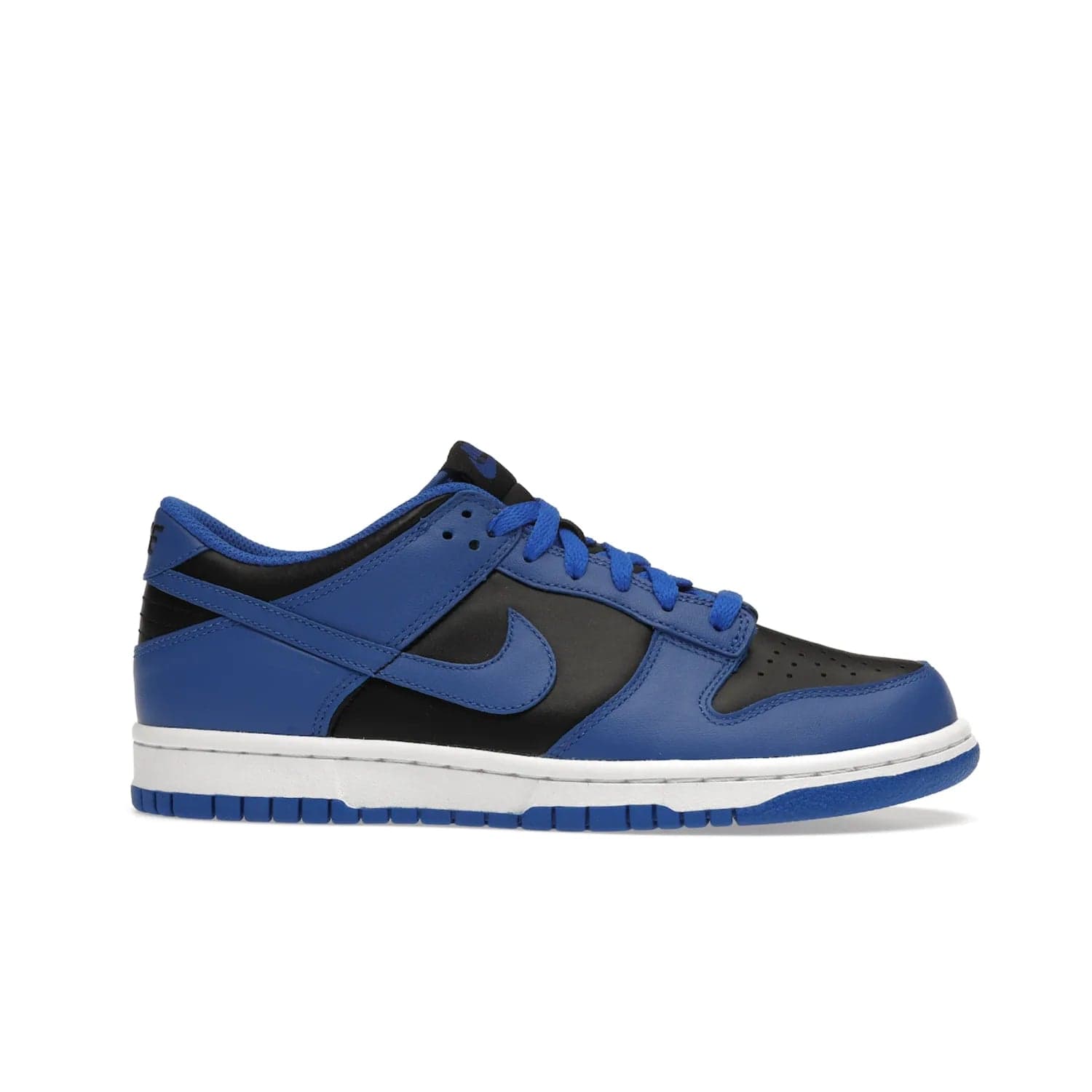 Nike Dunk Low Retro Hyper Cobalt (GS) - Image 2 - Only at www.BallersClubKickz.com - The Nike Dunk Low Retro Hyper Cobalt GS: black leather upper with vibrant Hyper Cobalt overlays, padded nylon tongue & mesh collar, white midsole & Hyper Cobalt outsole. Released on 18th Feb 2021, $85.