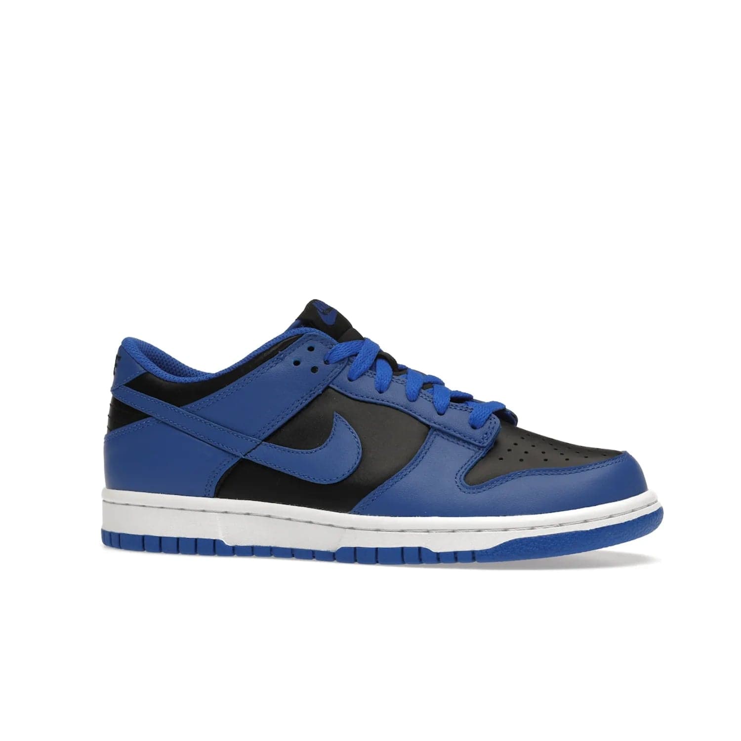 Nike Dunk Low Retro Hyper Cobalt (GS) - Image 3 - Only at www.BallersClubKickz.com - The Nike Dunk Low Retro Hyper Cobalt GS: black leather upper with vibrant Hyper Cobalt overlays, padded nylon tongue & mesh collar, white midsole & Hyper Cobalt outsole. Released on 18th Feb 2021, $85.