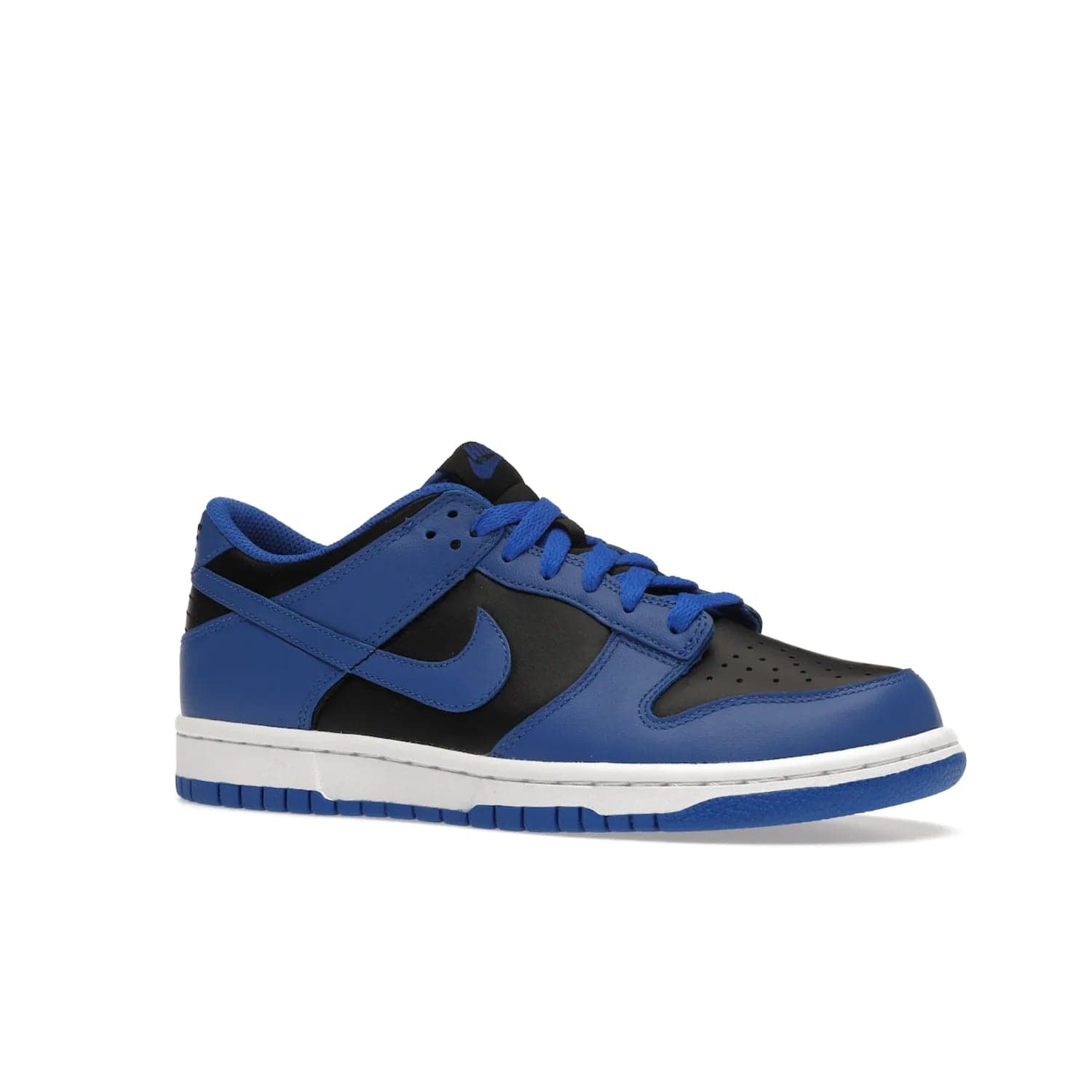 Nike Dunk Low Retro Hyper Cobalt (GS) - Image 4 - Only at www.BallersClubKickz.com - The Nike Dunk Low Retro Hyper Cobalt GS: black leather upper with vibrant Hyper Cobalt overlays, padded nylon tongue & mesh collar, white midsole & Hyper Cobalt outsole. Released on 18th Feb 2021, $85.