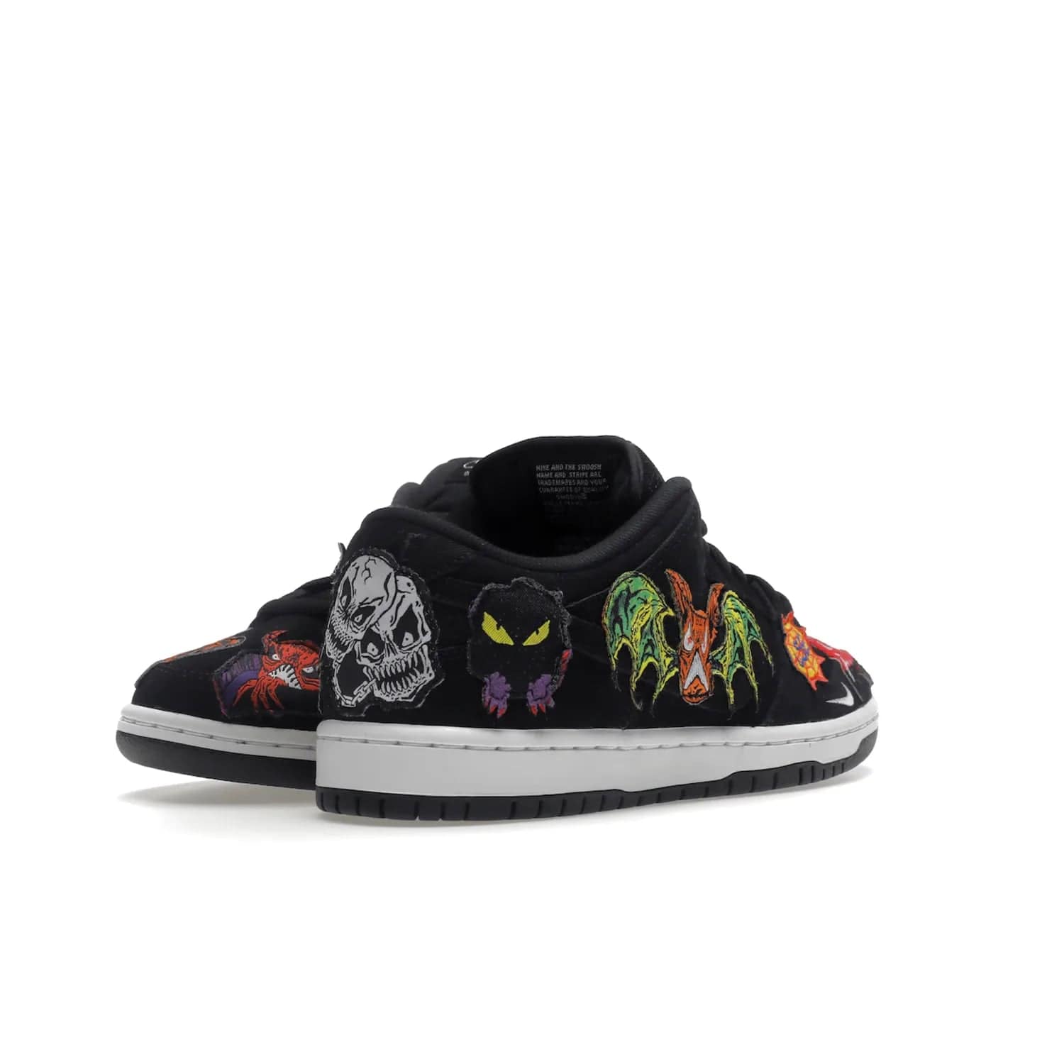 Nike SB Dunk Low Pro QS Neckface - Image 32 - Only at www.BallersClubKickz.com - Introducing the Nike SB Dunk Low Pro QS Neckface. Get spooky street style with black nubuck uppers featuring ghouls, tombstones, skulls, and more. The perfect mix of eye-catching details and a white midsole. Available now.