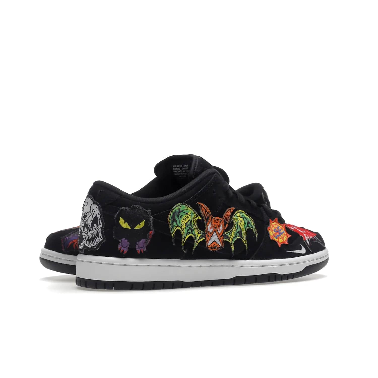 Nike SB Dunk Low Pro QS Neckface - Image 34 - Only at www.BallersClubKickz.com - Introducing the Nike SB Dunk Low Pro QS Neckface. Get spooky street style with black nubuck uppers featuring ghouls, tombstones, skulls, and more. The perfect mix of eye-catching details and a white midsole. Available now.