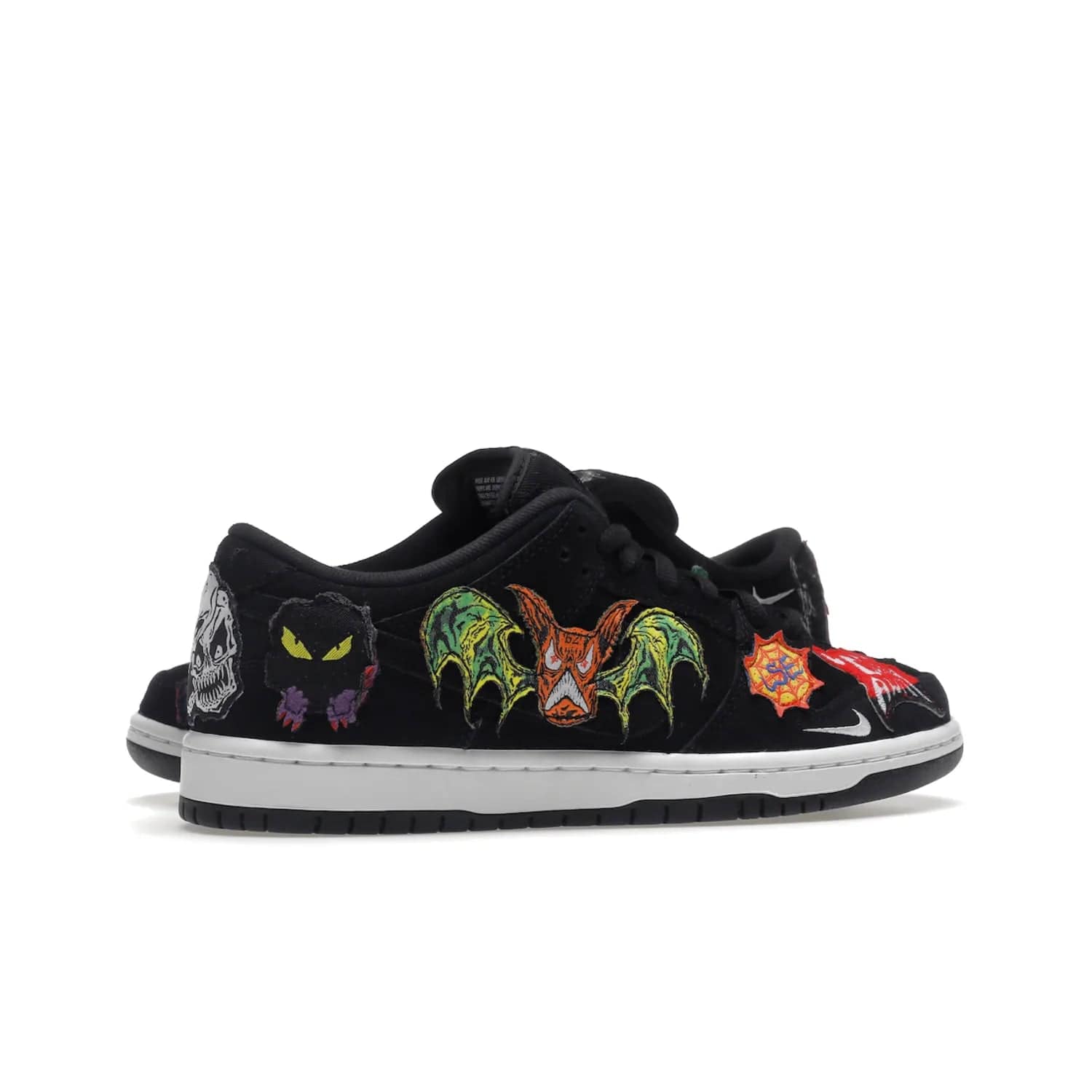 Nike SB Dunk Low Pro QS Neckface - Image 35 - Only at www.BallersClubKickz.com - Introducing the Nike SB Dunk Low Pro QS Neckface. Get spooky street style with black nubuck uppers featuring ghouls, tombstones, skulls, and more. The perfect mix of eye-catching details and a white midsole. Available now.