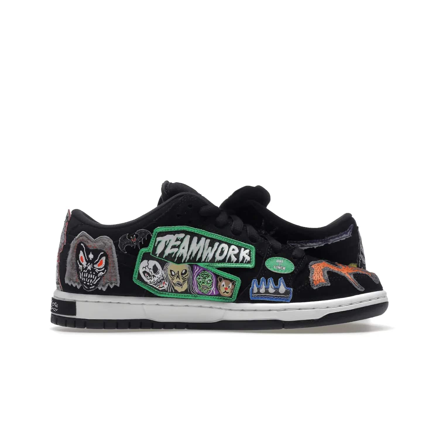 Nike SB Dunk Low Pro QS Neckface - Image 19 - Only at www.BallersClubKickz.com - Introducing the Nike SB Dunk Low Pro QS Neckface. Get spooky street style with black nubuck uppers featuring ghouls, tombstones, skulls, and more. The perfect mix of eye-catching details and a white midsole. Available now.