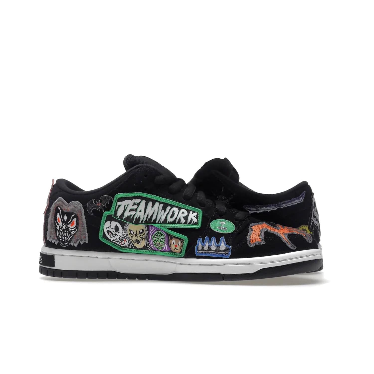 Nike SB Dunk Low Pro QS Neckface - Image 20 - Only at www.BallersClubKickz.com - Introducing the Nike SB Dunk Low Pro QS Neckface. Get spooky street style with black nubuck uppers featuring ghouls, tombstones, skulls, and more. The perfect mix of eye-catching details and a white midsole. Available now.