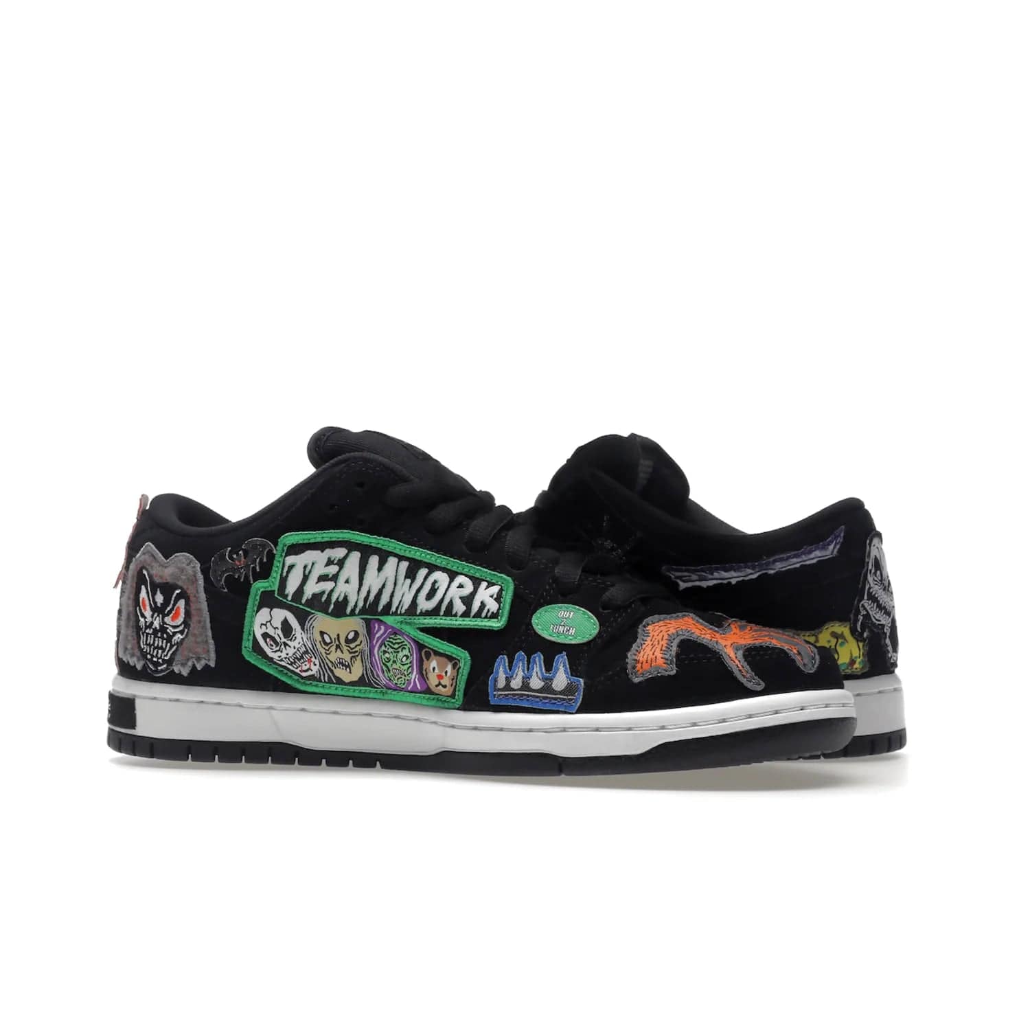 Nike SB Dunk Low Pro QS Neckface - Image 21 - Only at www.BallersClubKickz.com - Introducing the Nike SB Dunk Low Pro QS Neckface. Get spooky street style with black nubuck uppers featuring ghouls, tombstones, skulls, and more. The perfect mix of eye-catching details and a white midsole. Available now.