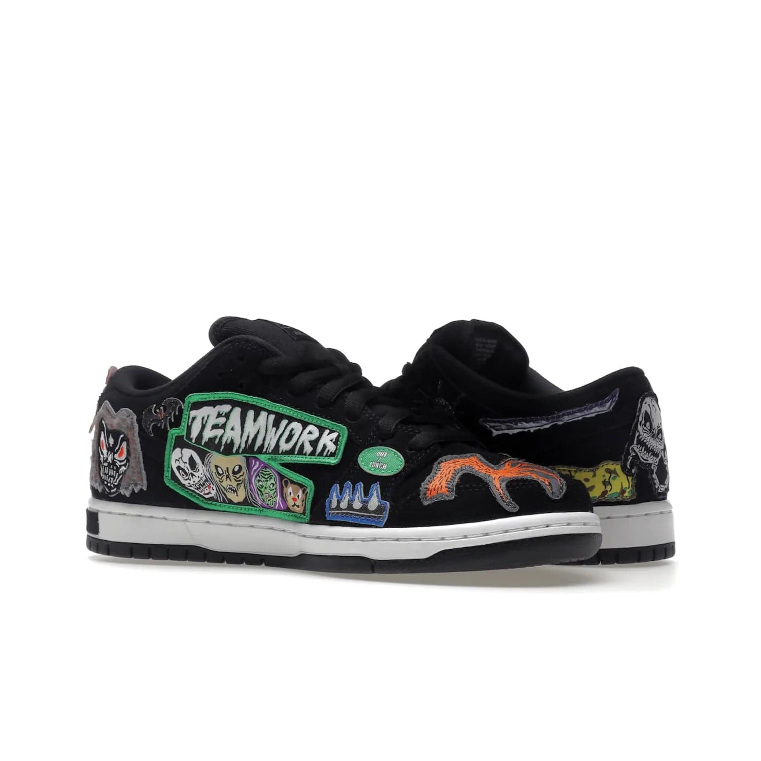 Nike SB Dunk Low Pro QS Neckface - Image 22 - Only at www.BallersClubKickz.com - Introducing the Nike SB Dunk Low Pro QS Neckface. Get spooky street style with black nubuck uppers featuring ghouls, tombstones, skulls, and more. The perfect mix of eye-catching details and a white midsole. Available now.