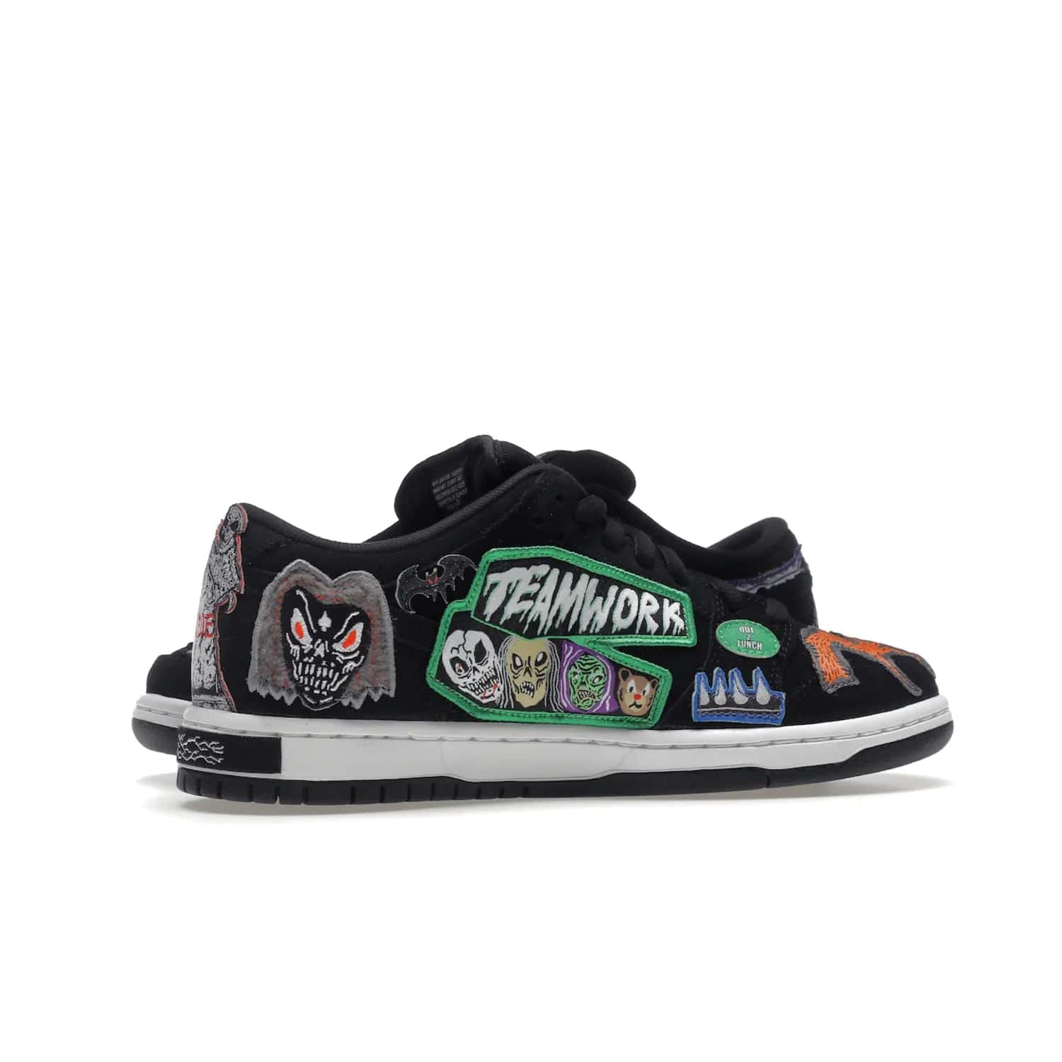 Nike SB Dunk Low Pro QS Neckface - Image 17 - Only at www.BallersClubKickz.com - Introducing the Nike SB Dunk Low Pro QS Neckface. Get spooky street style with black nubuck uppers featuring ghouls, tombstones, skulls, and more. The perfect mix of eye-catching details and a white midsole. Available now.