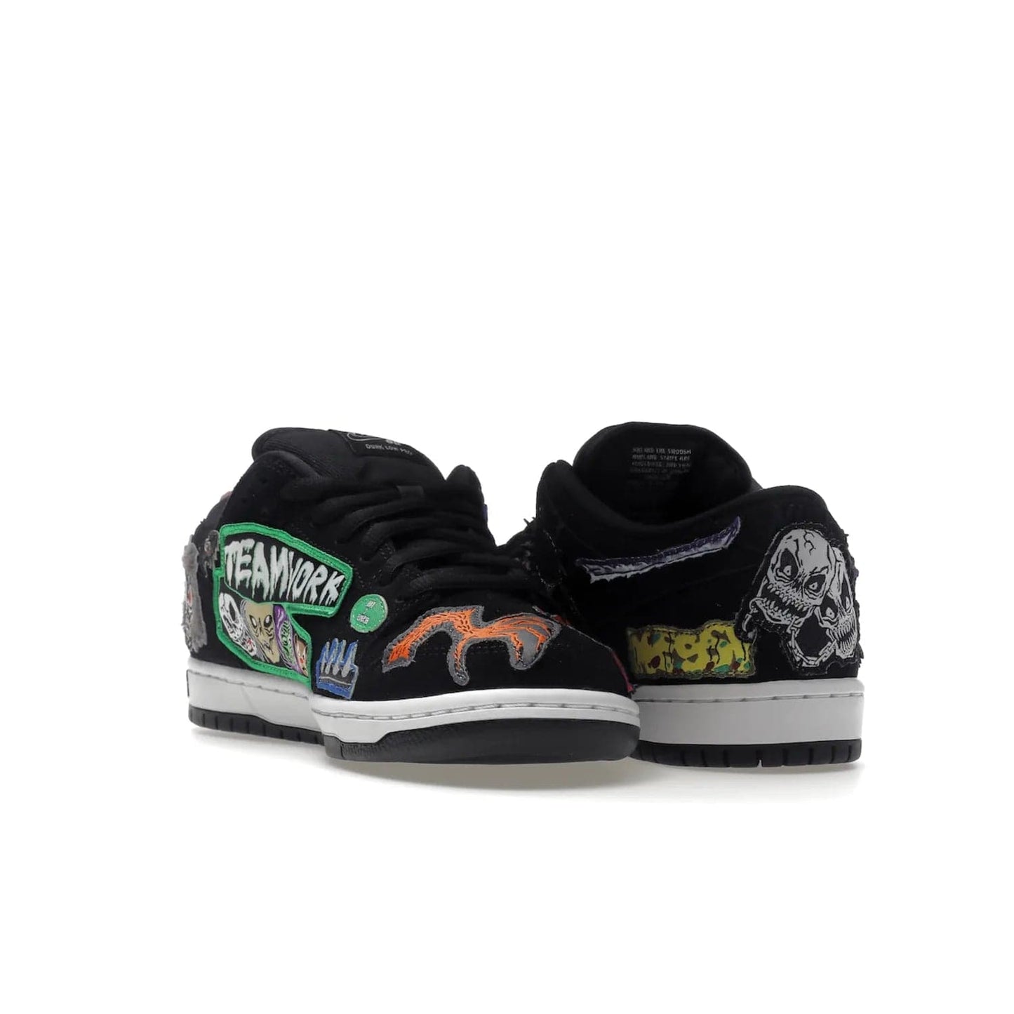 Nike SB Dunk Low Pro QS Neckface - Image 25 - Only at www.BallersClubKickz.com - Introducing the Nike SB Dunk Low Pro QS Neckface. Get spooky street style with black nubuck uppers featuring ghouls, tombstones, skulls, and more. The perfect mix of eye-catching details and a white midsole. Available now.