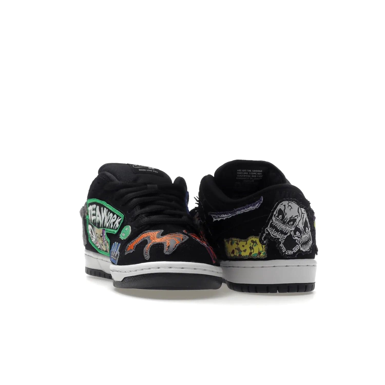 Nike SB Dunk Low Pro QS Neckface - Image 26 - Only at www.BallersClubKickz.com - Introducing the Nike SB Dunk Low Pro QS Neckface. Get spooky street style with black nubuck uppers featuring ghouls, tombstones, skulls, and more. The perfect mix of eye-catching details and a white midsole. Available now.