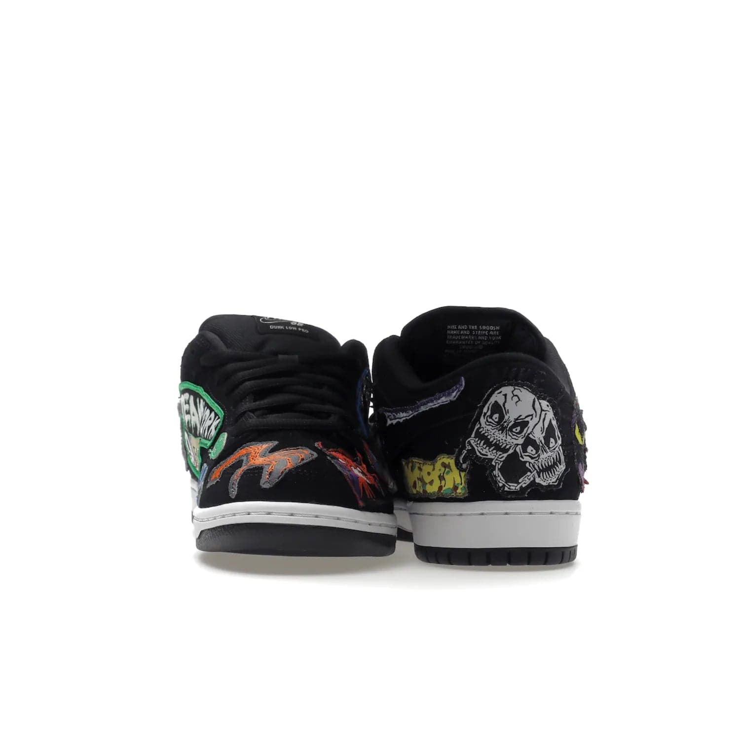 Nike SB Dunk Low Pro QS Neckface - Image 27 - Only at www.BallersClubKickz.com - Introducing the Nike SB Dunk Low Pro QS Neckface. Get spooky street style with black nubuck uppers featuring ghouls, tombstones, skulls, and more. The perfect mix of eye-catching details and a white midsole. Available now.