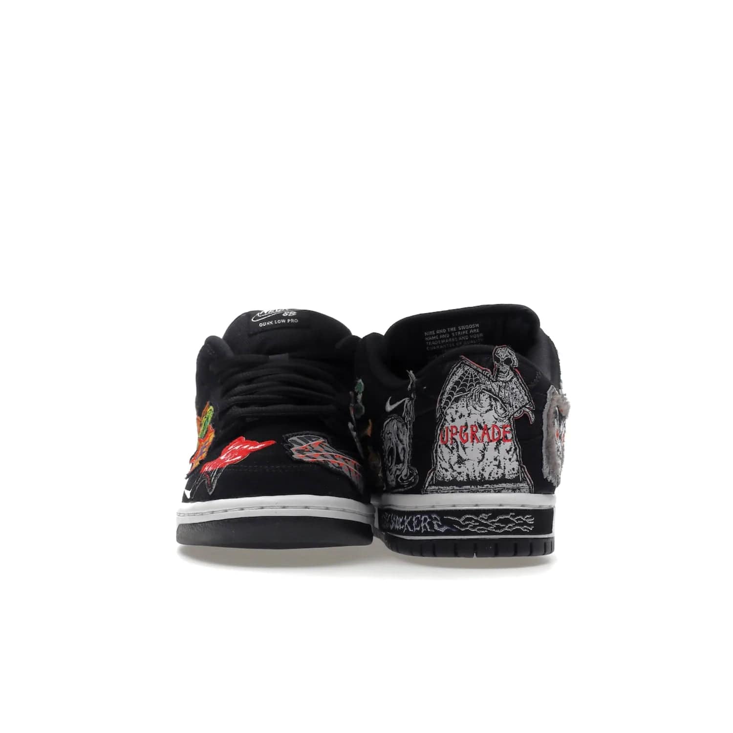 Nike SB Dunk Low Pro QS Neckface - Image 10 - Only at www.BallersClubKickz.com - Introducing the Nike SB Dunk Low Pro QS Neckface. Get spooky street style with black nubuck uppers featuring ghouls, tombstones, skulls, and more. The perfect mix of eye-catching details and a white midsole. Available now.