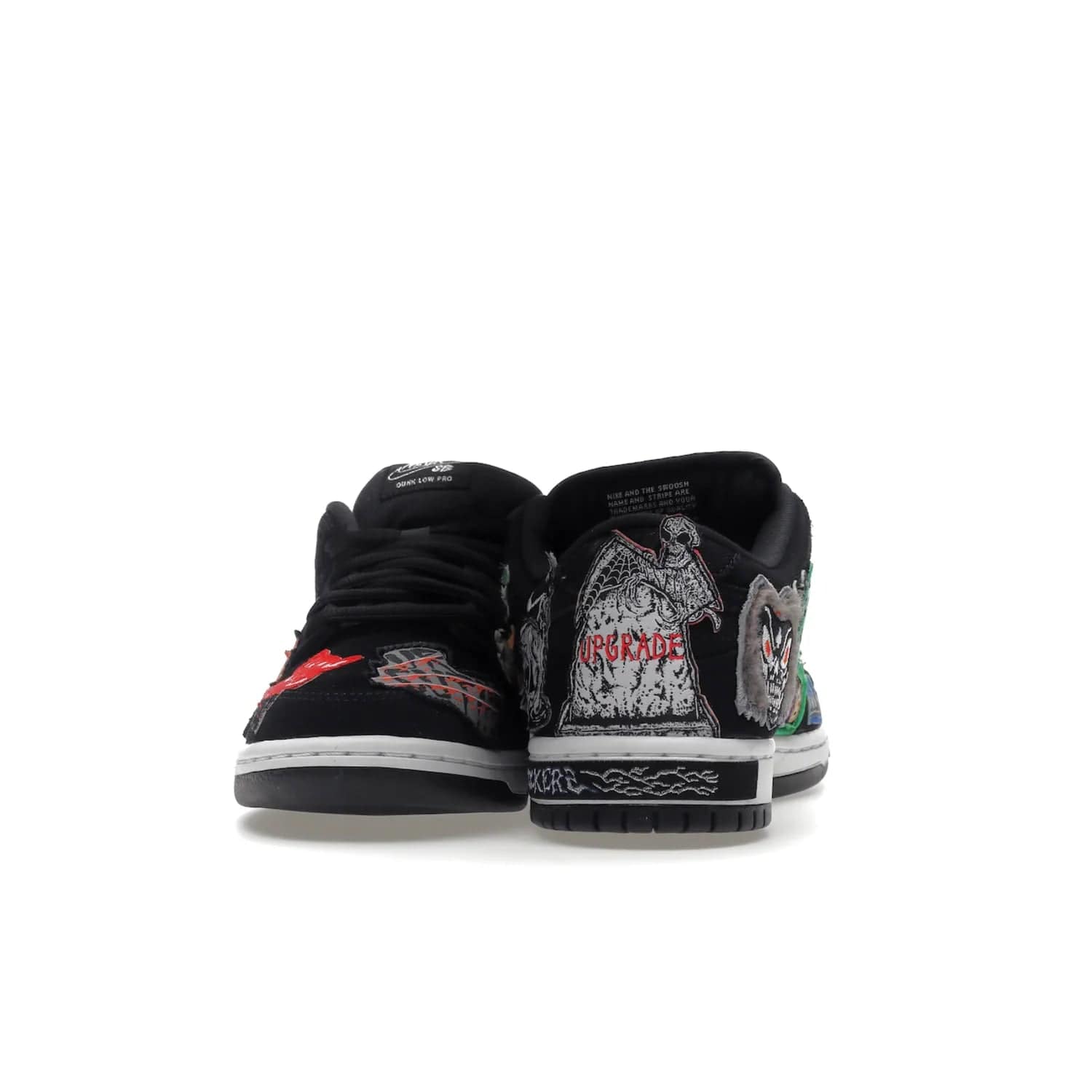 Nike SB Dunk Low Pro QS Neckface - Image 11 - Only at www.BallersClubKickz.com - Introducing the Nike SB Dunk Low Pro QS Neckface. Get spooky street style with black nubuck uppers featuring ghouls, tombstones, skulls, and more. The perfect mix of eye-catching details and a white midsole. Available now.