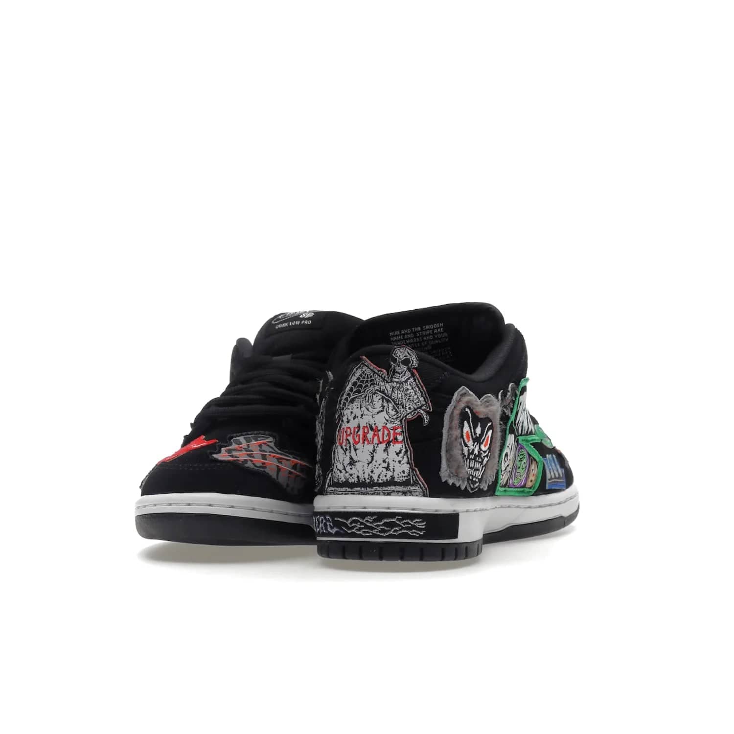 Nike SB Dunk Low Pro QS Neckface - Image 12 - Only at www.BallersClubKickz.com - Introducing the Nike SB Dunk Low Pro QS Neckface. Get spooky street style with black nubuck uppers featuring ghouls, tombstones, skulls, and more. The perfect mix of eye-catching details and a white midsole. Available now.