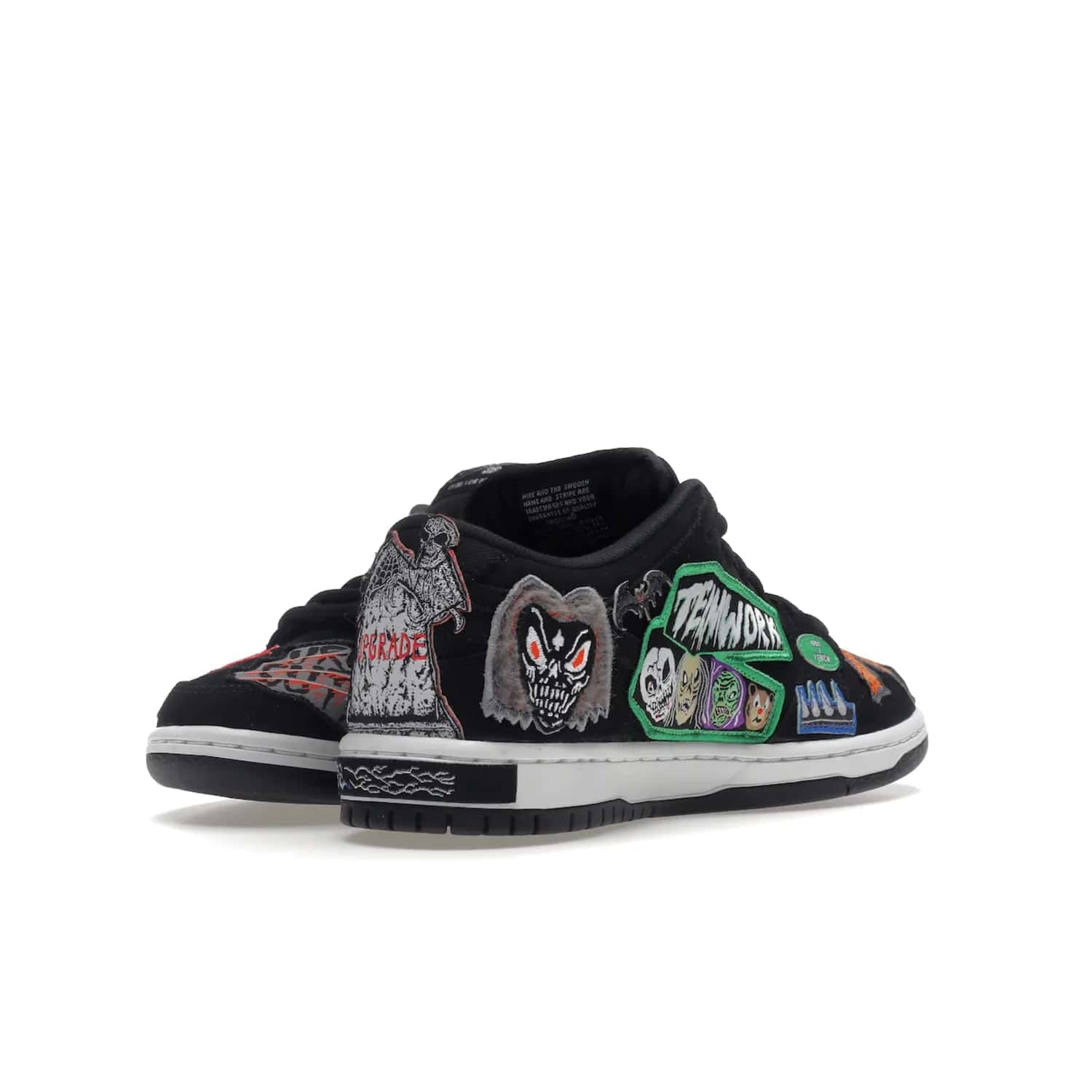 Nike SB Dunk Low Pro QS Neckface - Image 14 - Only at www.BallersClubKickz.com - Introducing the Nike SB Dunk Low Pro QS Neckface. Get spooky street style with black nubuck uppers featuring ghouls, tombstones, skulls, and more. The perfect mix of eye-catching details and a white midsole. Available now.