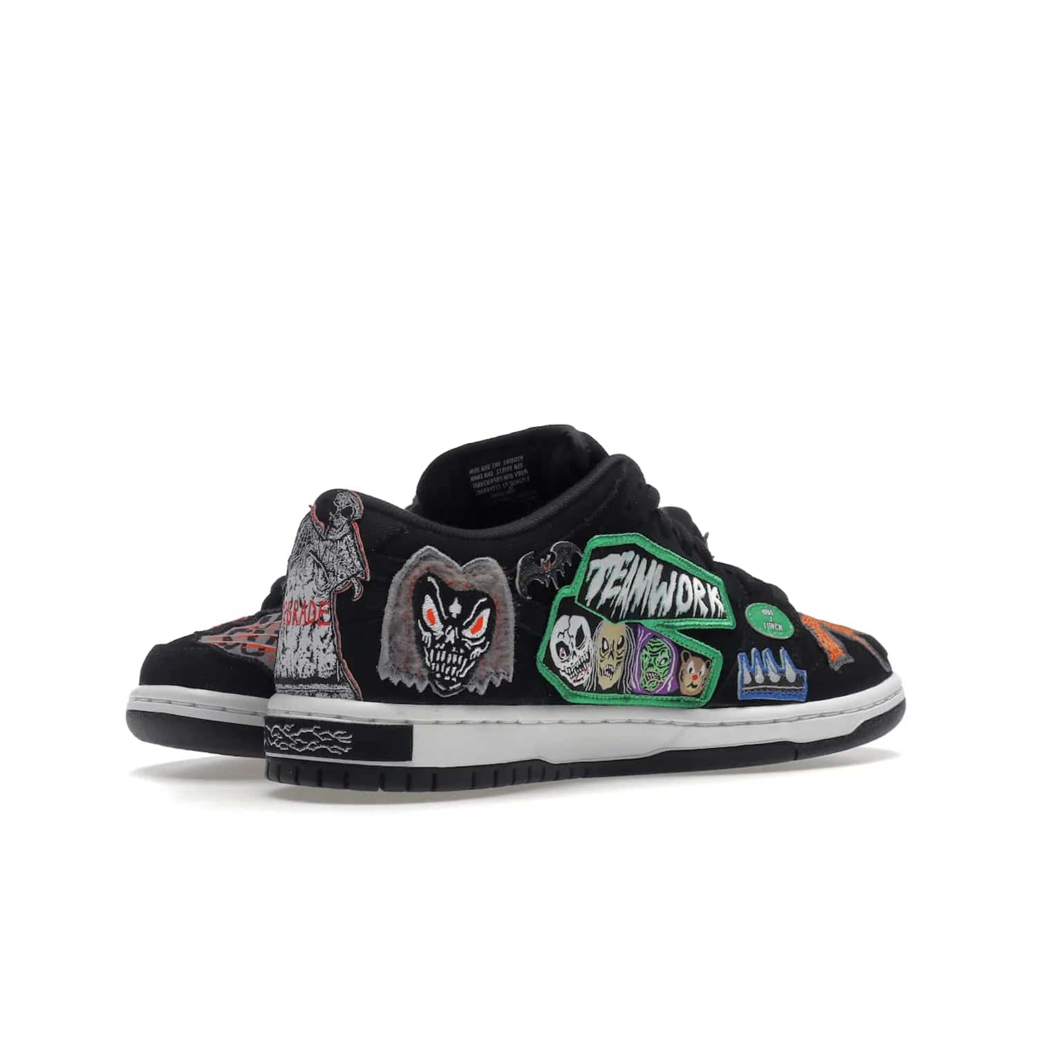 Nike SB Dunk Low Pro QS Neckface - Image 15 - Only at www.BallersClubKickz.com - Introducing the Nike SB Dunk Low Pro QS Neckface. Get spooky street style with black nubuck uppers featuring ghouls, tombstones, skulls, and more. The perfect mix of eye-catching details and a white midsole. Available now.
