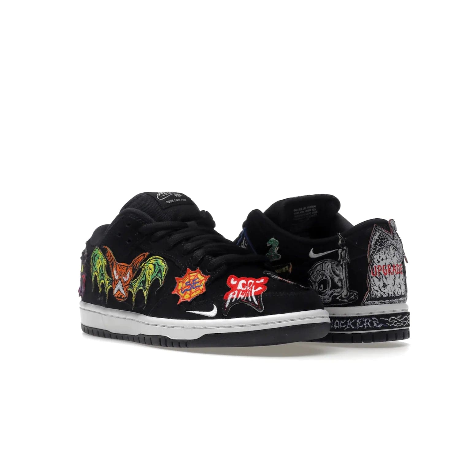 Nike SB Dunk Low Pro QS Neckface - Image 6 - Only at www.BallersClubKickz.com - Introducing the Nike SB Dunk Low Pro QS Neckface. Get spooky street style with black nubuck uppers featuring ghouls, tombstones, skulls, and more. The perfect mix of eye-catching details and a white midsole. Available now.