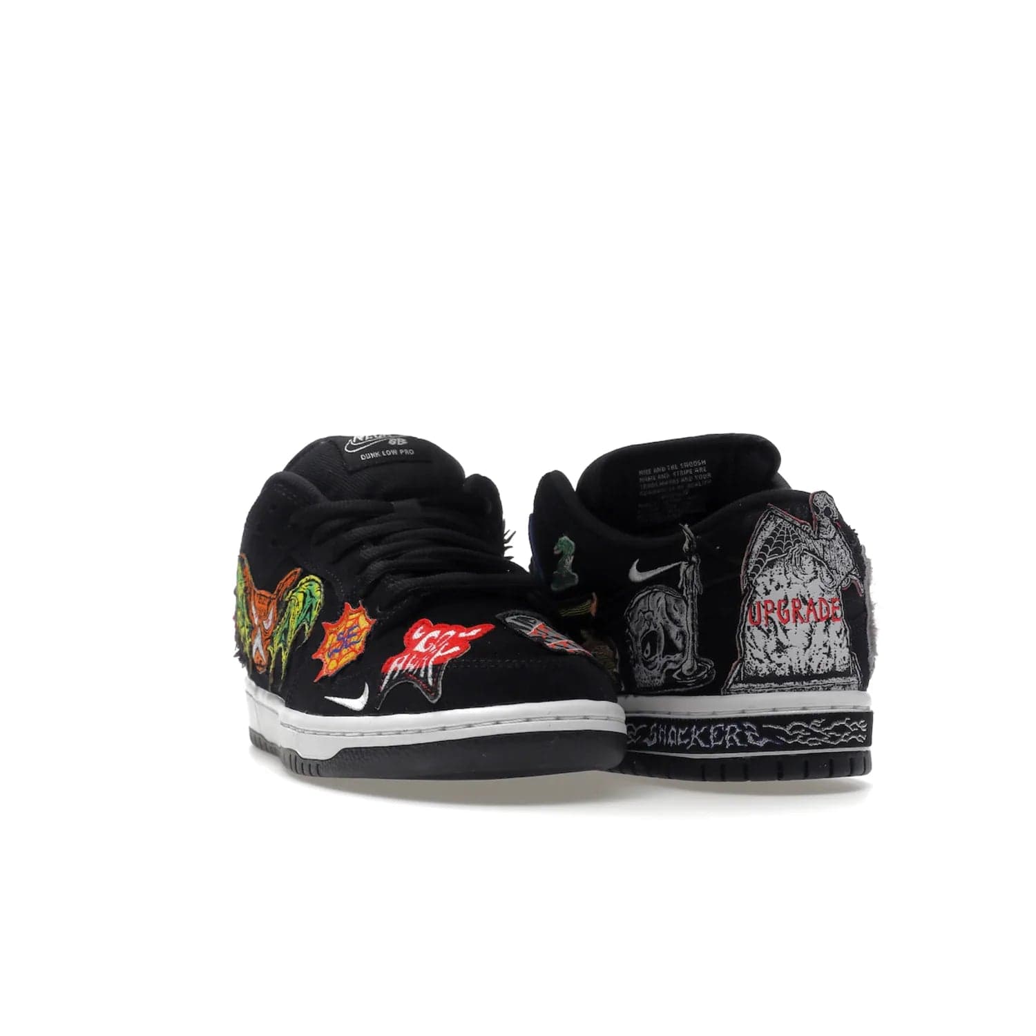 Nike SB Dunk Low Pro QS Neckface - Image 8 - Only at www.BallersClubKickz.com - Introducing the Nike SB Dunk Low Pro QS Neckface. Get spooky street style with black nubuck uppers featuring ghouls, tombstones, skulls, and more. The perfect mix of eye-catching details and a white midsole. Available now.