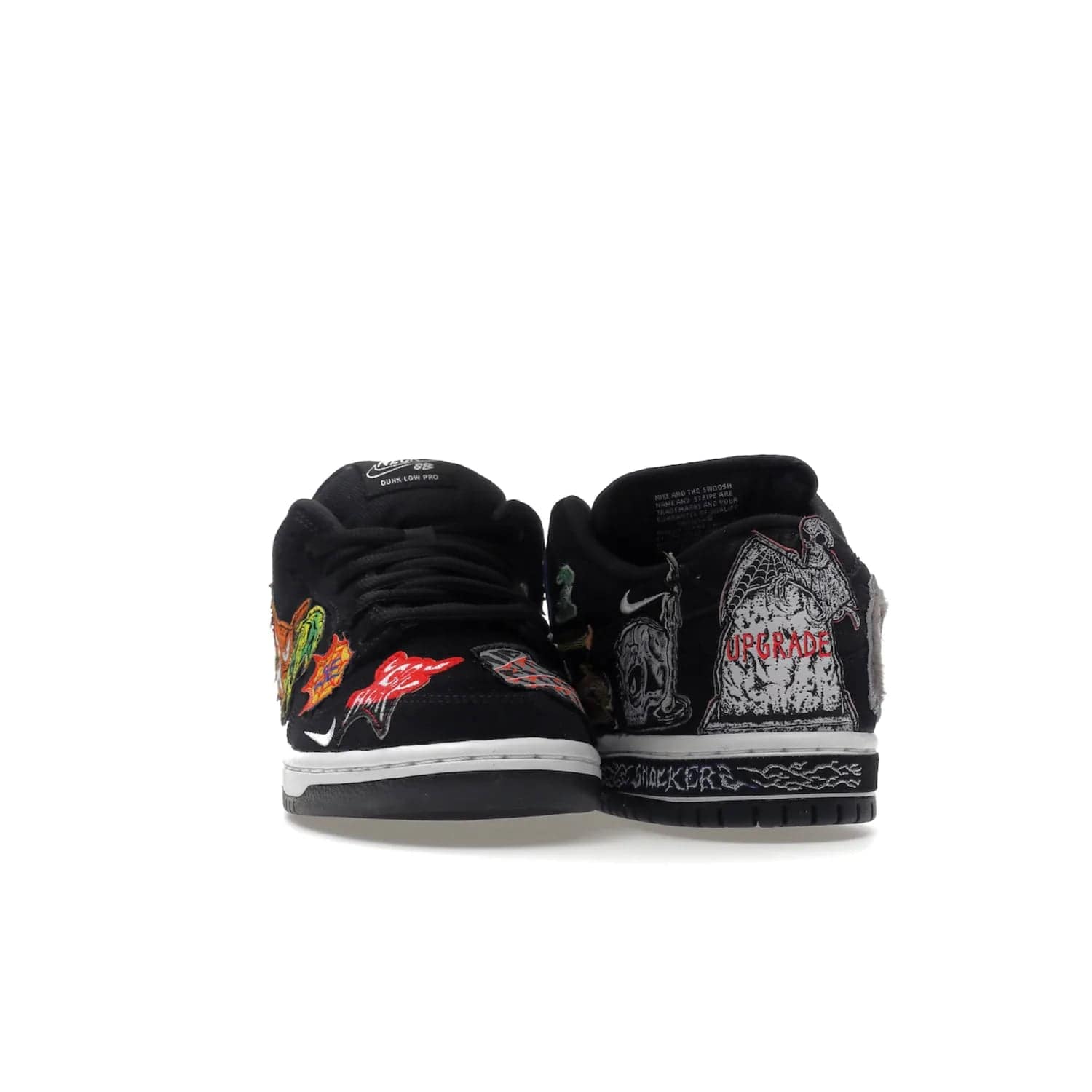 Nike SB Dunk Low Pro QS Neckface - Image 9 - Only at www.BallersClubKickz.com - Introducing the Nike SB Dunk Low Pro QS Neckface. Get spooky street style with black nubuck uppers featuring ghouls, tombstones, skulls, and more. The perfect mix of eye-catching details and a white midsole. Available now.