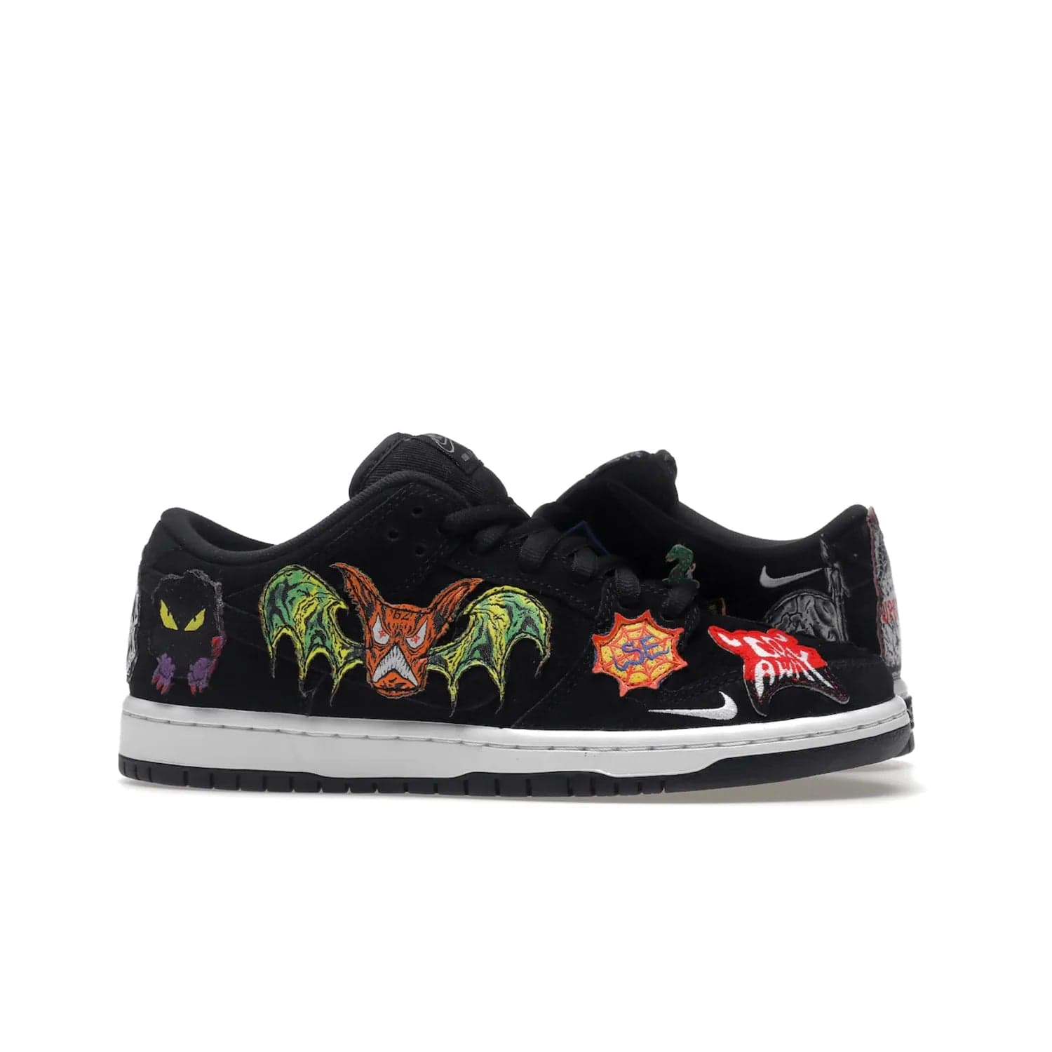 Nike SB Dunk Low Pro QS Neckface - Image 2 - Only at www.BallersClubKickz.com - Introducing the Nike SB Dunk Low Pro QS Neckface. Get spooky street style with black nubuck uppers featuring ghouls, tombstones, skulls, and more. The perfect mix of eye-catching details and a white midsole. Available now.
