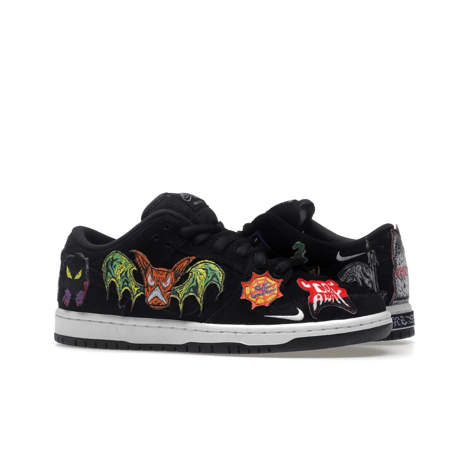 Nike SB Dunk Low Pro QS Neckface - Image 3 - Only at www.BallersClubKickz.com - Introducing the Nike SB Dunk Low Pro QS Neckface. Get spooky street style with black nubuck uppers featuring ghouls, tombstones, skulls, and more. The perfect mix of eye-catching details and a white midsole. Available now.