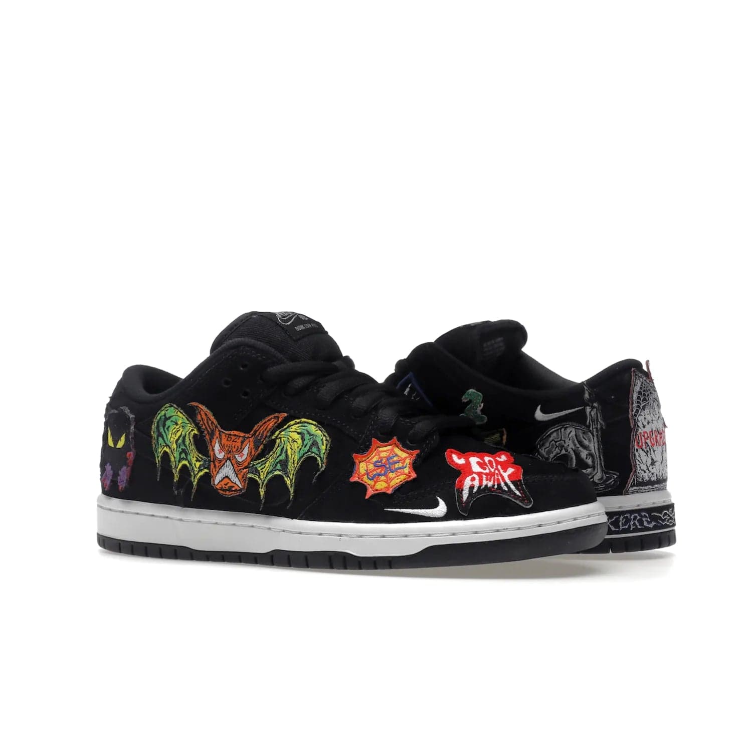 Nike SB Dunk Low Pro QS Neckface - Image 4 - Only at www.BallersClubKickz.com - Introducing the Nike SB Dunk Low Pro QS Neckface. Get spooky street style with black nubuck uppers featuring ghouls, tombstones, skulls, and more. The perfect mix of eye-catching details and a white midsole. Available now.