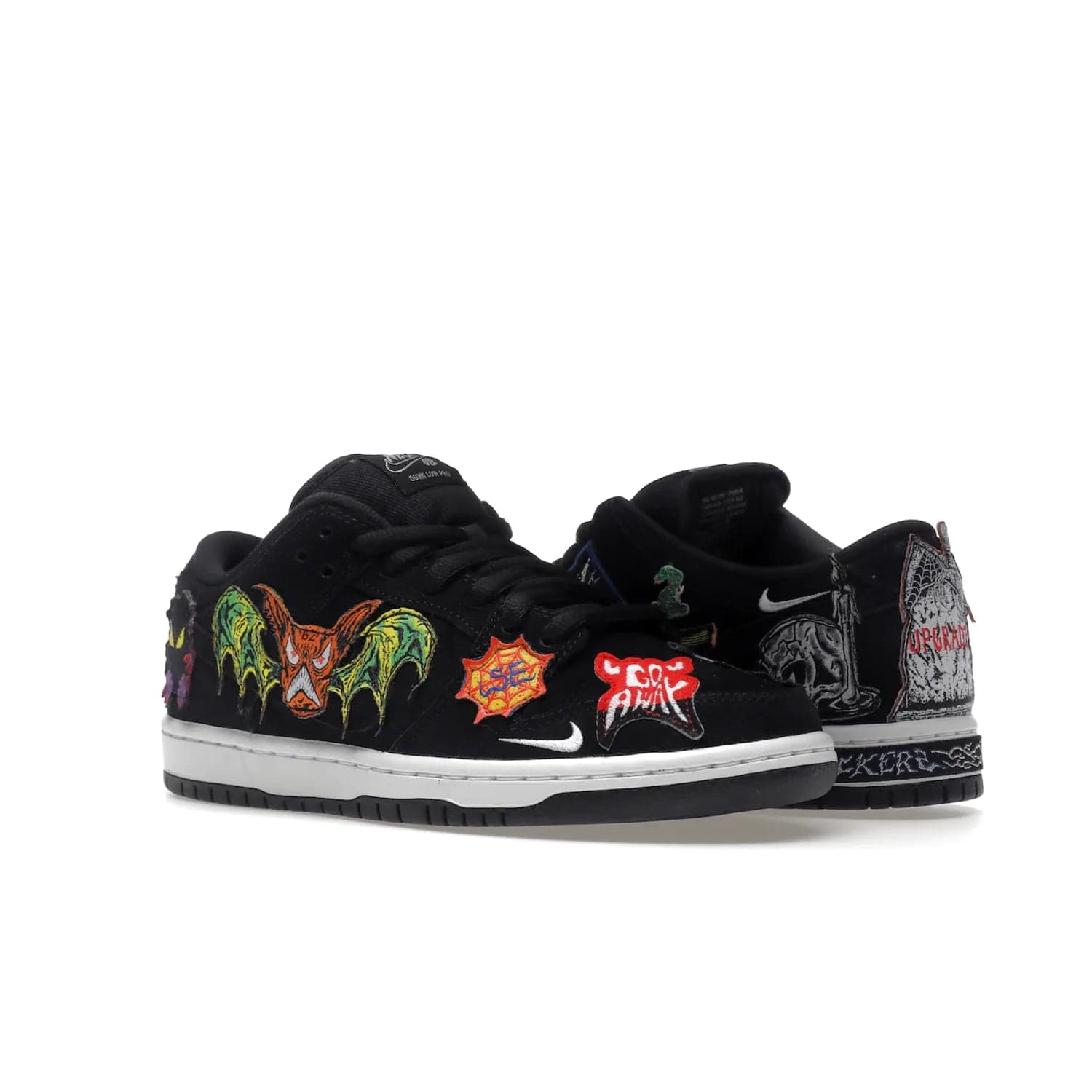 Nike SB Dunk Low Pro QS Neckface - Image 5 - Only at www.BallersClubKickz.com - Introducing the Nike SB Dunk Low Pro QS Neckface. Get spooky street style with black nubuck uppers featuring ghouls, tombstones, skulls, and more. The perfect mix of eye-catching details and a white midsole. Available now.