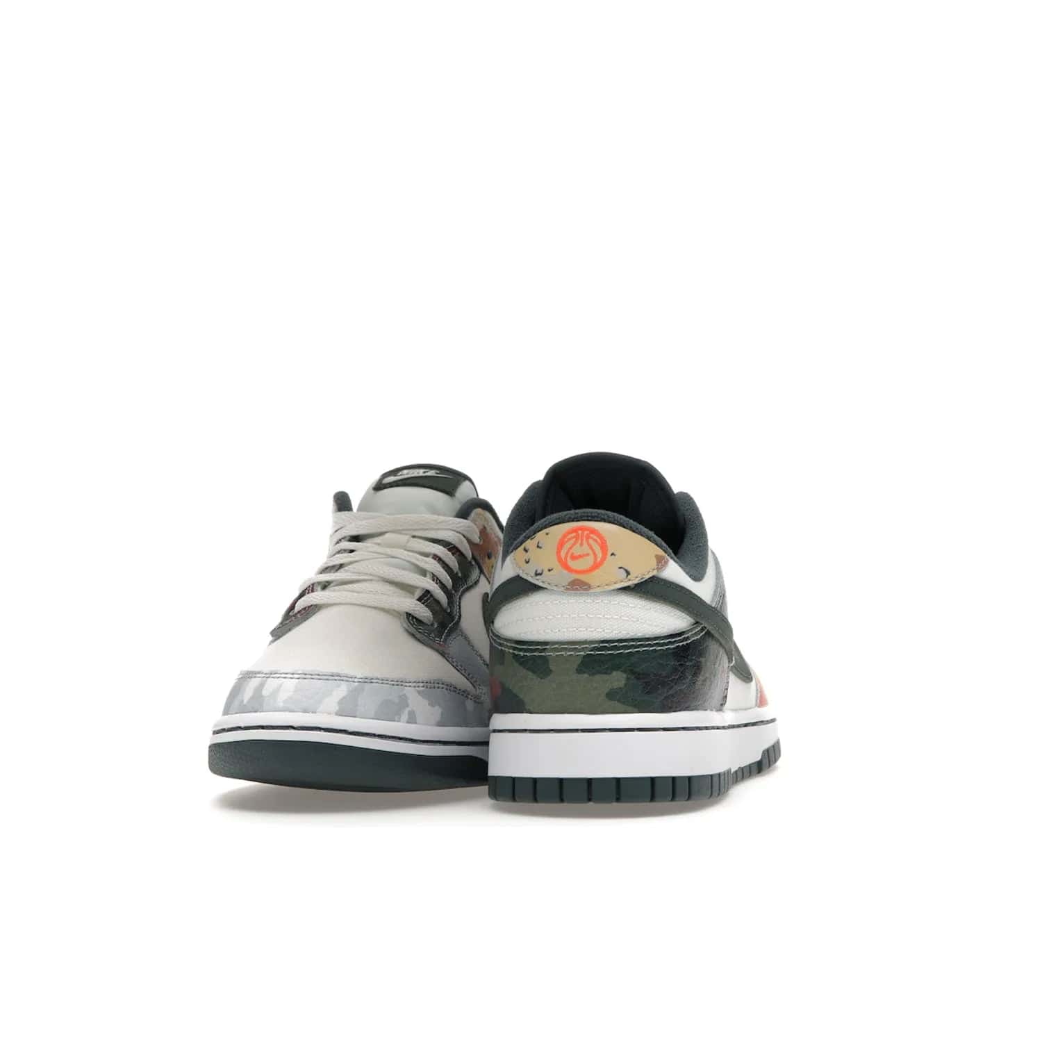 Nike Dunk Low SE Sail Multi-Camo - Image 29 - Only at www.BallersClubKickz.com - Classic design meets statement style in the Nike Dunk Low SE Sail Multi-Camo. White leather base with multi-color camo overlays, vibrant Nike Swooshes, and orange Nike embroidery. Get yours August 2021.