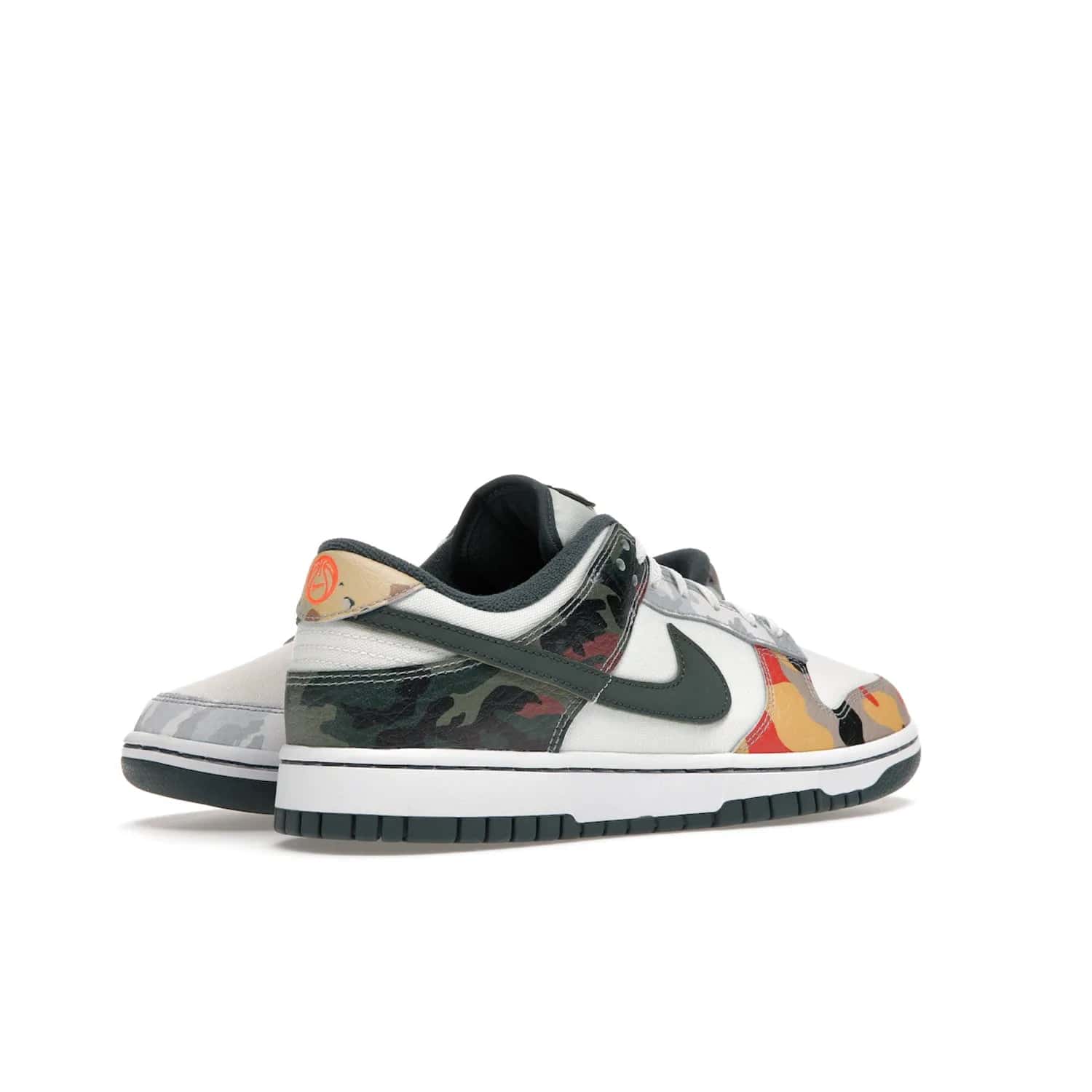 Nike Dunk Low SE Sail Multi-Camo - Image 33 - Only at www.BallersClubKickz.com - Classic design meets statement style in the Nike Dunk Low SE Sail Multi-Camo. White leather base with multi-color camo overlays, vibrant Nike Swooshes, and orange Nike embroidery. Get yours August 2021.