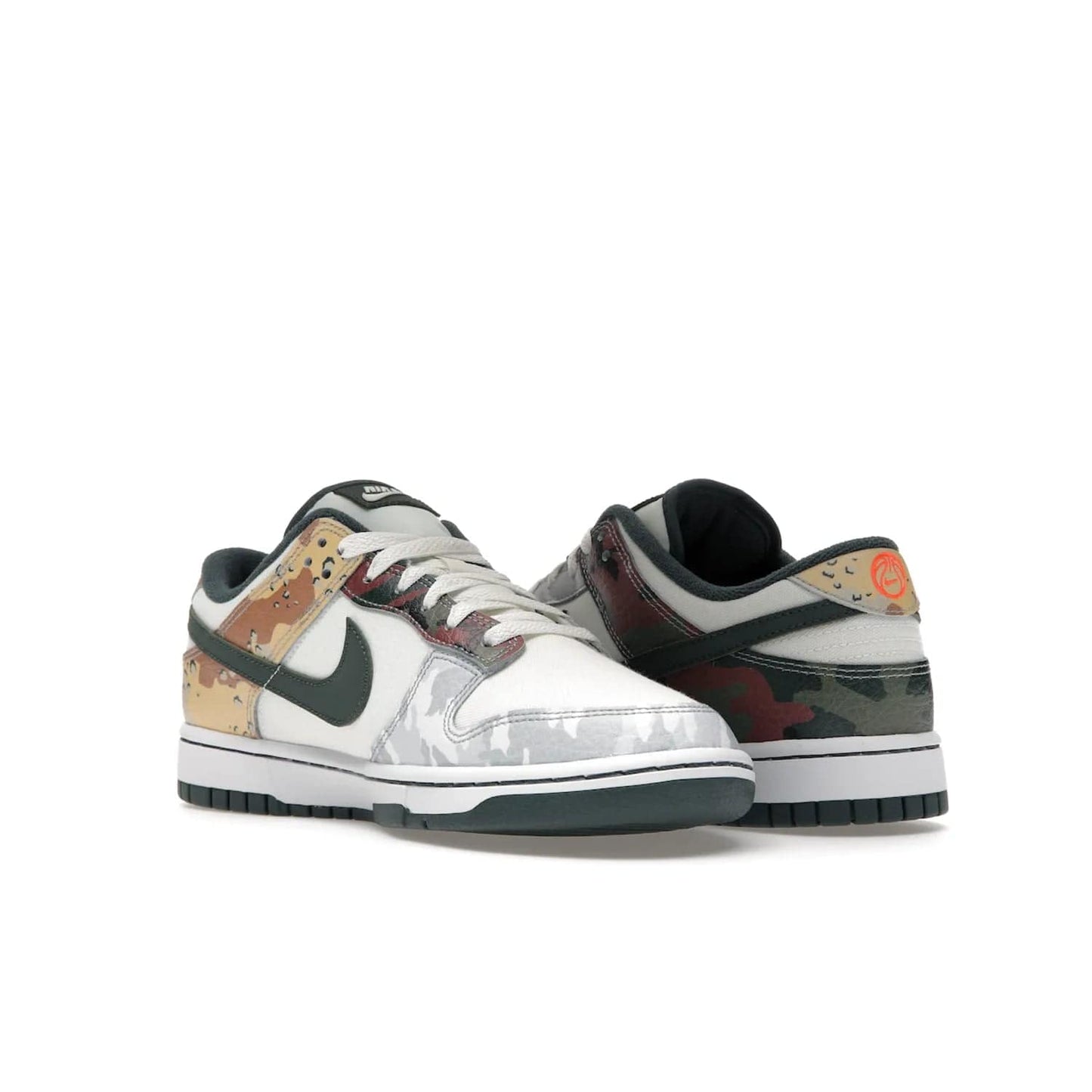 Nike Dunk Low SE Sail Multi-Camo - Image 24 - Only at www.BallersClubKickz.com - Classic design meets statement style in the Nike Dunk Low SE Sail Multi-Camo. White leather base with multi-color camo overlays, vibrant Nike Swooshes, and orange Nike embroidery. Get yours August 2021.