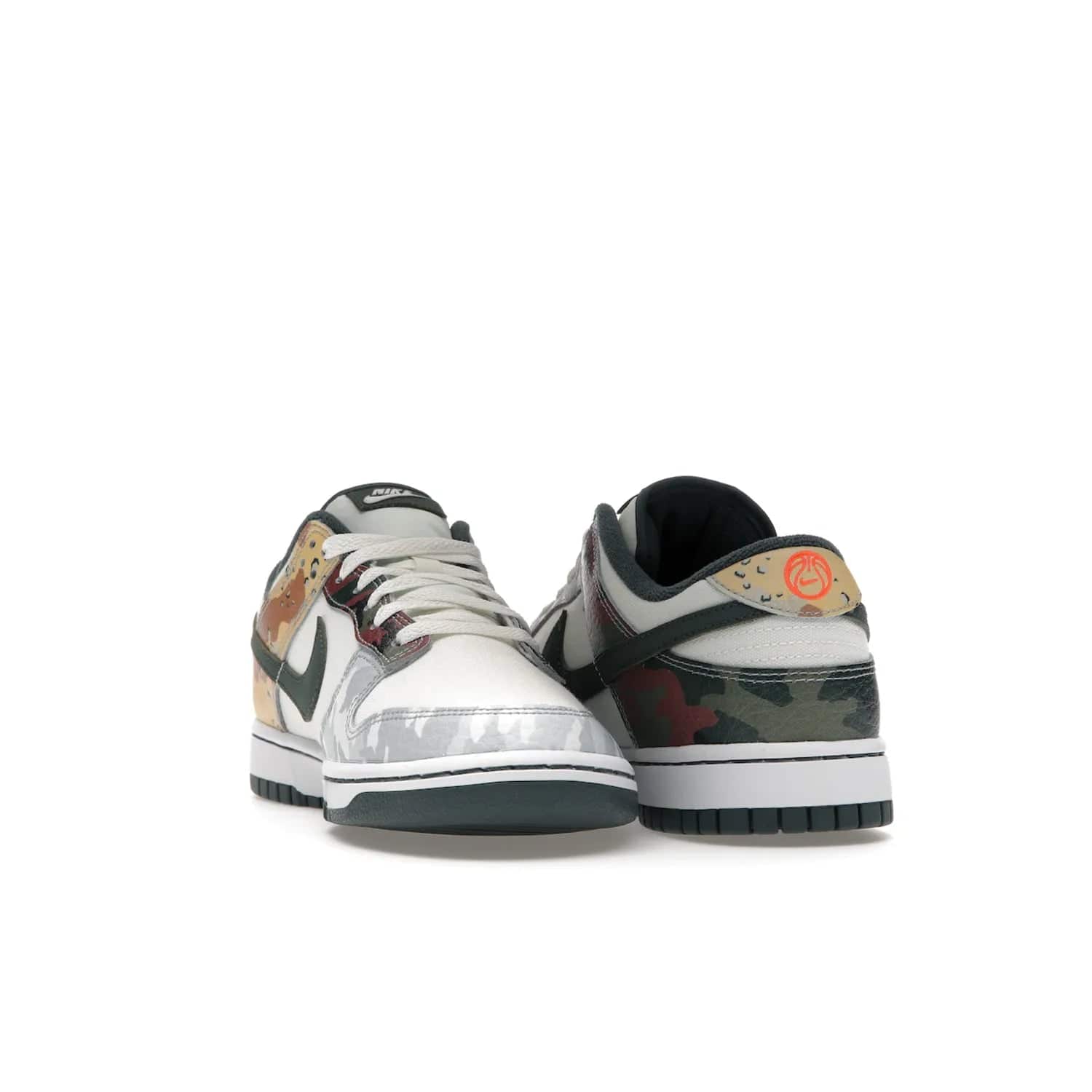 Nike Dunk Low SE Sail Multi-Camo - Image 26 - Only at www.BallersClubKickz.com - Classic design meets statement style in the Nike Dunk Low SE Sail Multi-Camo. White leather base with multi-color camo overlays, vibrant Nike Swooshes, and orange Nike embroidery. Get yours August 2021.