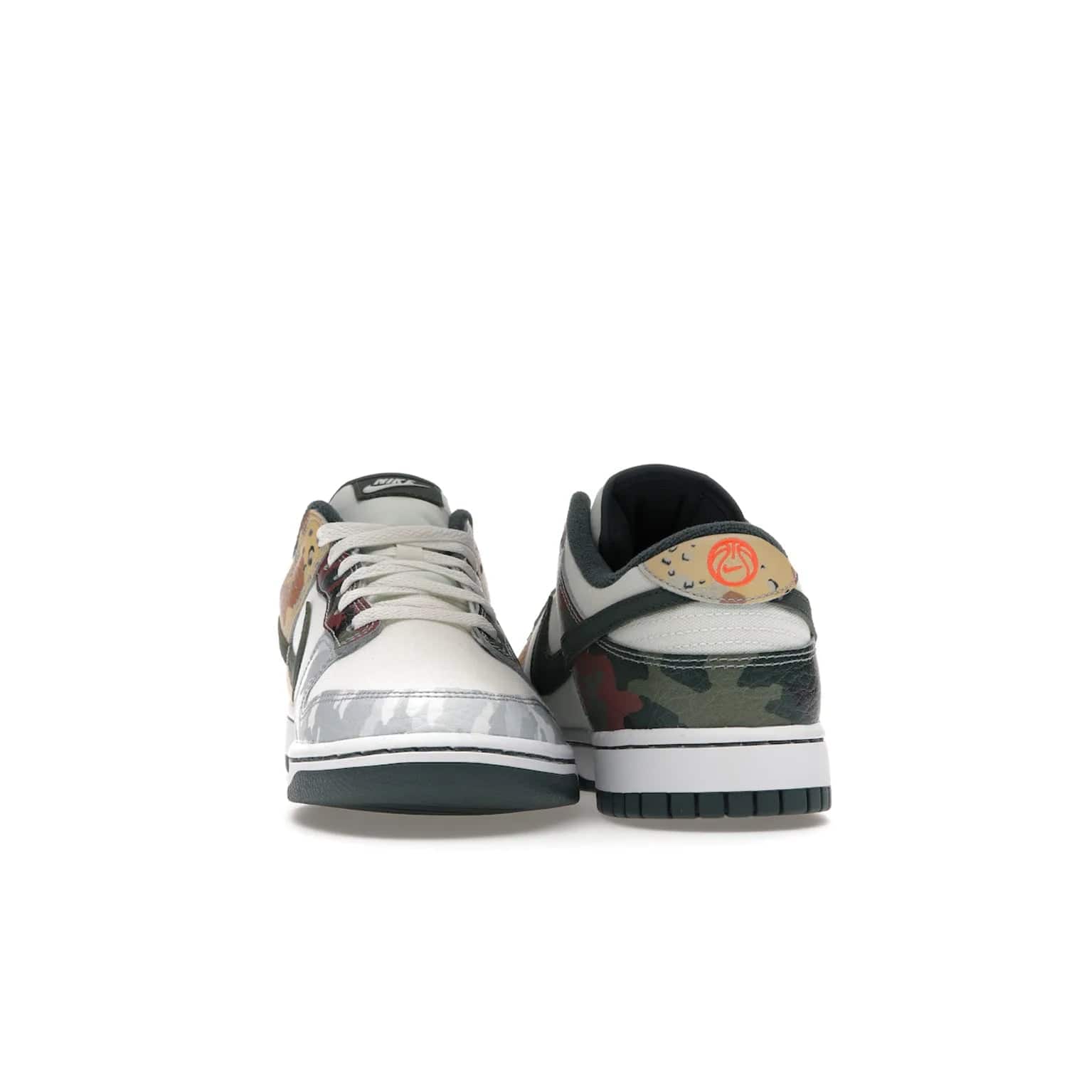 Nike Dunk Low SE Sail Multi-Camo - Image 27 - Only at www.BallersClubKickz.com - Classic design meets statement style in the Nike Dunk Low SE Sail Multi-Camo. White leather base with multi-color camo overlays, vibrant Nike Swooshes, and orange Nike embroidery. Get yours August 2021.