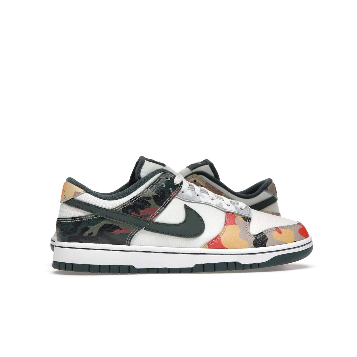 Nike Dunk Low SE Sail Multi-Camo - Image 36 - Only at www.BallersClubKickz.com - Classic design meets statement style in the Nike Dunk Low SE Sail Multi-Camo. White leather base with multi-color camo overlays, vibrant Nike Swooshes, and orange Nike embroidery. Get yours August 2021.