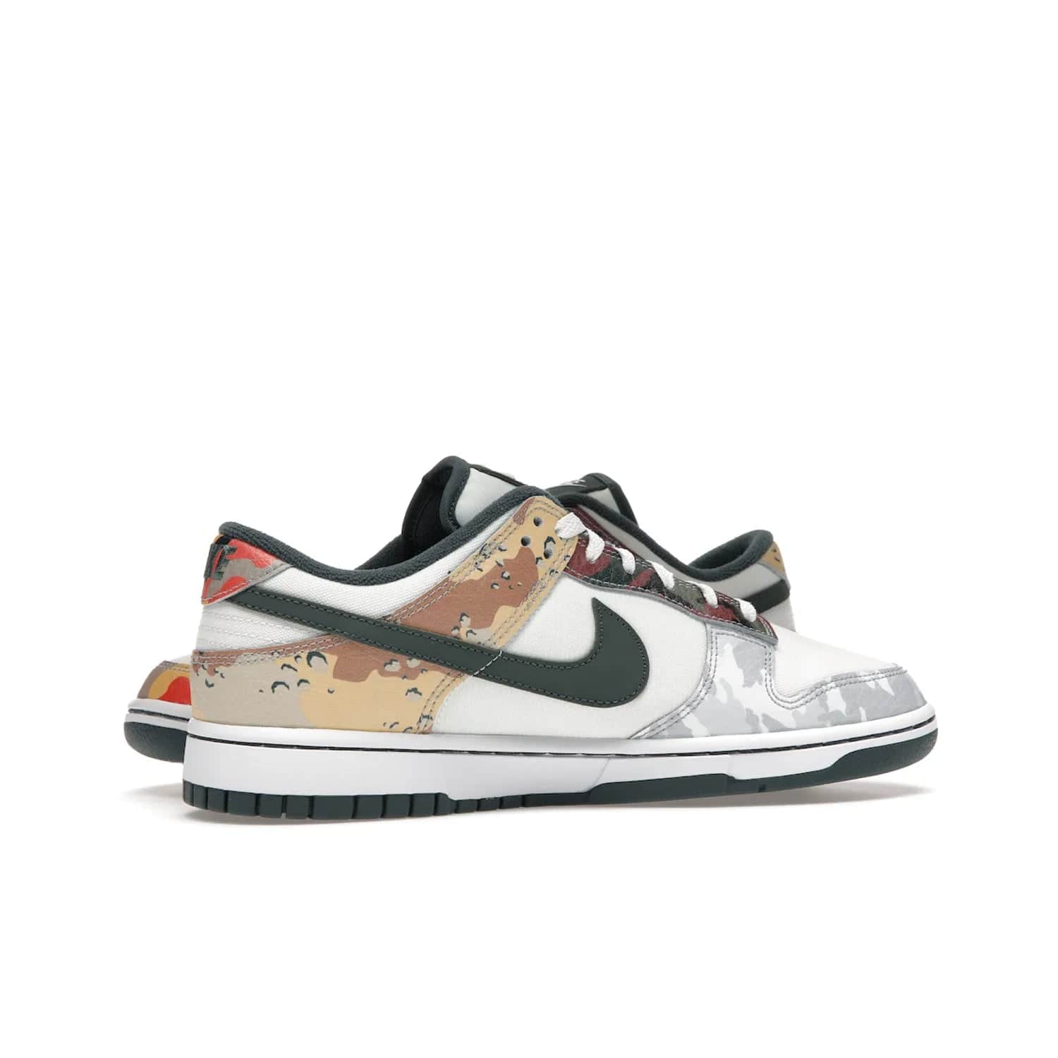 Nike Dunk Low SE Sail Multi-Camo - Image 17 - Only at www.BallersClubKickz.com - Classic design meets statement style in the Nike Dunk Low SE Sail Multi-Camo. White leather base with multi-color camo overlays, vibrant Nike Swooshes, and orange Nike embroidery. Get yours August 2021.