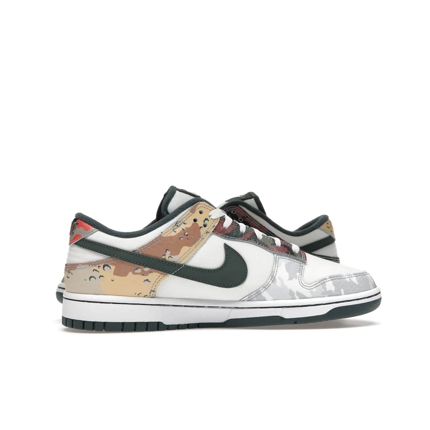 Nike Dunk Low SE Sail Multi-Camo - Image 18 - Only at www.BallersClubKickz.com - Classic design meets statement style in the Nike Dunk Low SE Sail Multi-Camo. White leather base with multi-color camo overlays, vibrant Nike Swooshes, and orange Nike embroidery. Get yours August 2021.