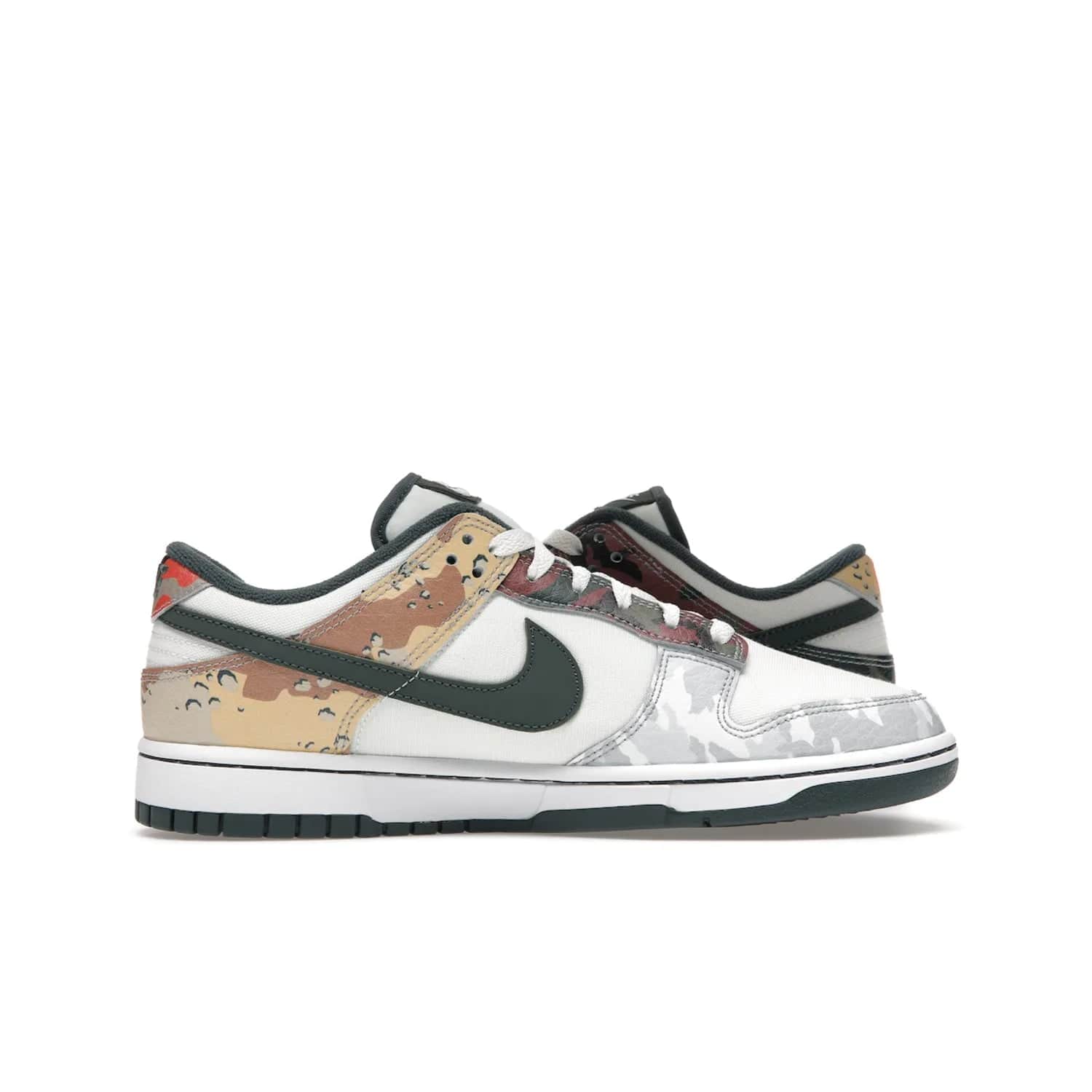 Nike Dunk Low SE Sail Multi-Camo - Image 19 - Only at www.BallersClubKickz.com - Classic design meets statement style in the Nike Dunk Low SE Sail Multi-Camo. White leather base with multi-color camo overlays, vibrant Nike Swooshes, and orange Nike embroidery. Get yours August 2021.