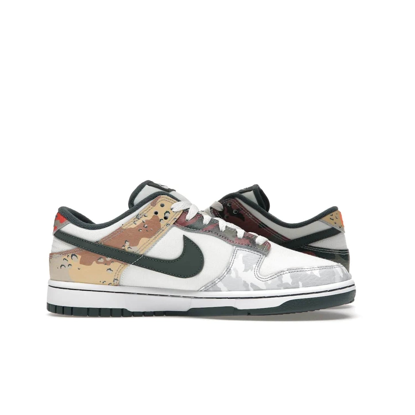 Nike Dunk Low SE Sail Multi-Camo - Image 20 - Only at www.BallersClubKickz.com - Classic design meets statement style in the Nike Dunk Low SE Sail Multi-Camo. White leather base with multi-color camo overlays, vibrant Nike Swooshes, and orange Nike embroidery. Get yours August 2021.