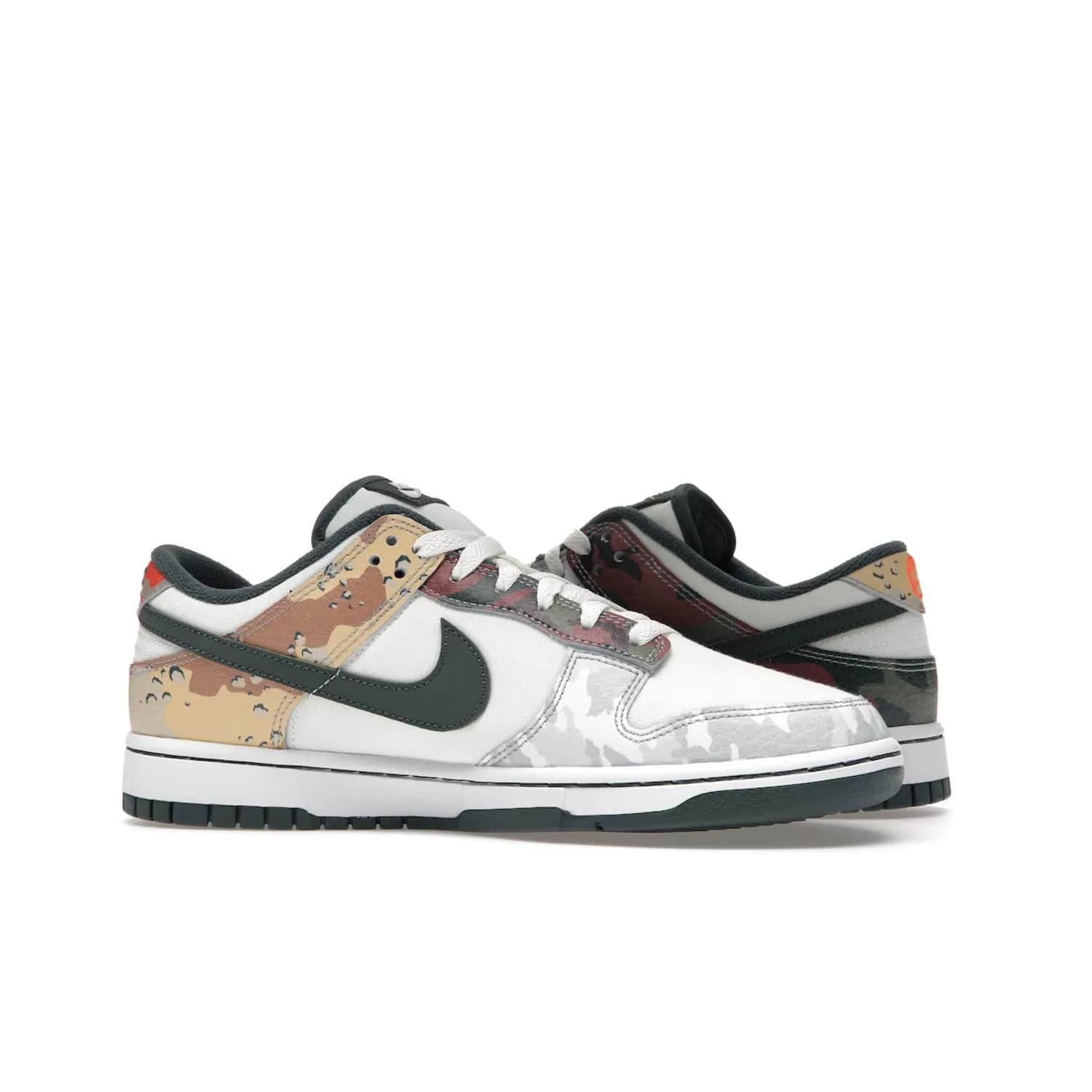 Nike Dunk Low SE Sail Multi-Camo - Image 21 - Only at www.BallersClubKickz.com - Classic design meets statement style in the Nike Dunk Low SE Sail Multi-Camo. White leather base with multi-color camo overlays, vibrant Nike Swooshes, and orange Nike embroidery. Get yours August 2021.