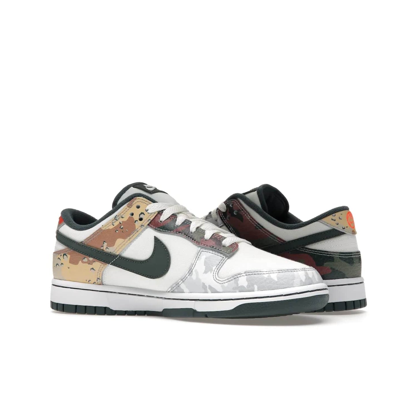 Nike Dunk Low SE Sail Multi-Camo - Image 22 - Only at www.BallersClubKickz.com - Classic design meets statement style in the Nike Dunk Low SE Sail Multi-Camo. White leather base with multi-color camo overlays, vibrant Nike Swooshes, and orange Nike embroidery. Get yours August 2021.