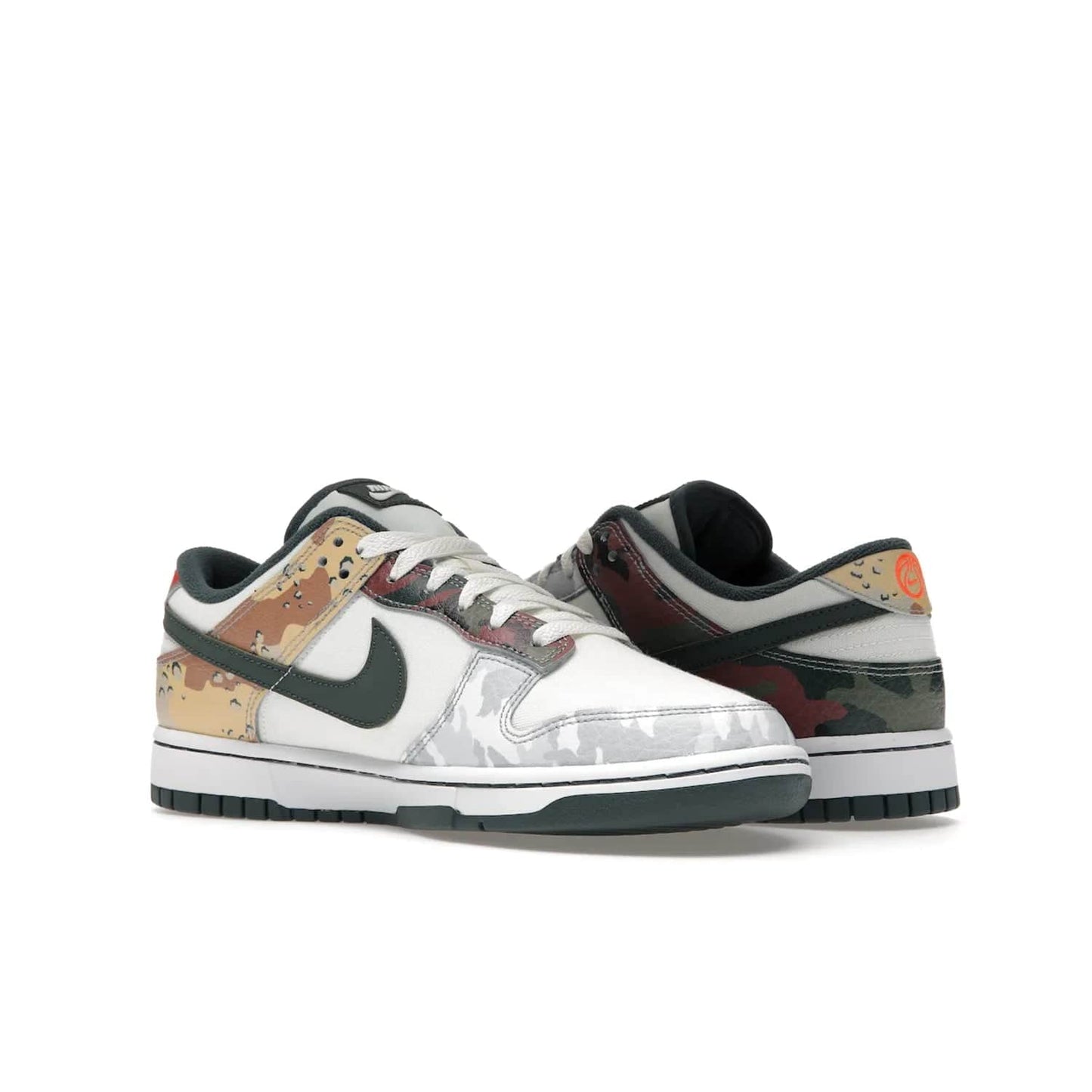 Nike Dunk Low SE Sail Multi-Camo - Image 23 - Only at www.BallersClubKickz.com - Classic design meets statement style in the Nike Dunk Low SE Sail Multi-Camo. White leather base with multi-color camo overlays, vibrant Nike Swooshes, and orange Nike embroidery. Get yours August 2021.