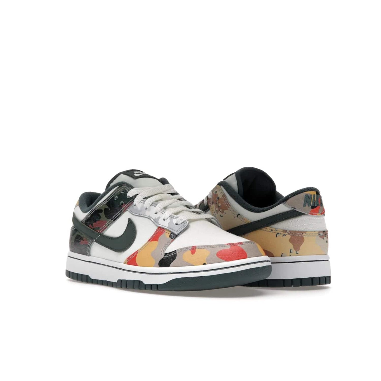 Nike Dunk Low SE Sail Multi-Camo - Image 6 - Only at www.BallersClubKickz.com - Classic design meets statement style in the Nike Dunk Low SE Sail Multi-Camo. White leather base with multi-color camo overlays, vibrant Nike Swooshes, and orange Nike embroidery. Get yours August 2021.