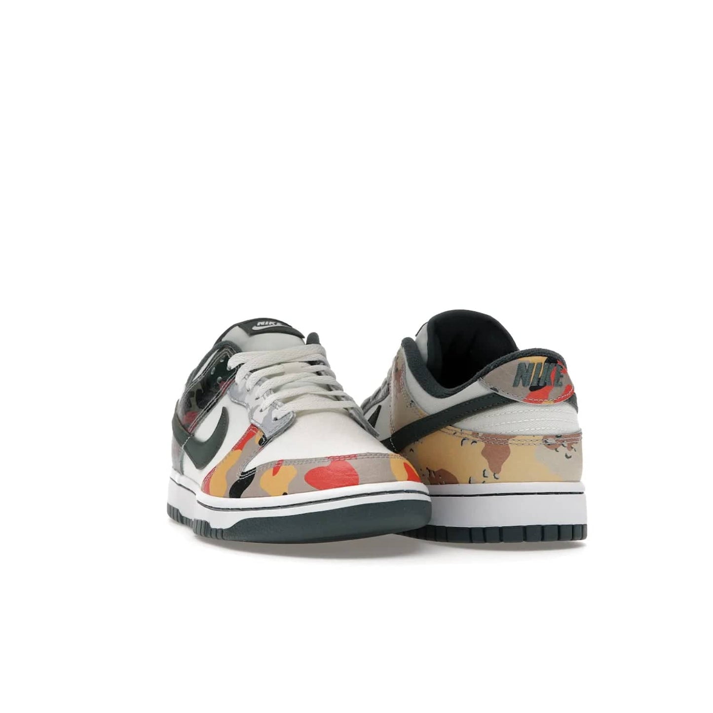 Nike Dunk Low SE Sail Multi-Camo - Image 8 - Only at www.BallersClubKickz.com - Classic design meets statement style in the Nike Dunk Low SE Sail Multi-Camo. White leather base with multi-color camo overlays, vibrant Nike Swooshes, and orange Nike embroidery. Get yours August 2021.