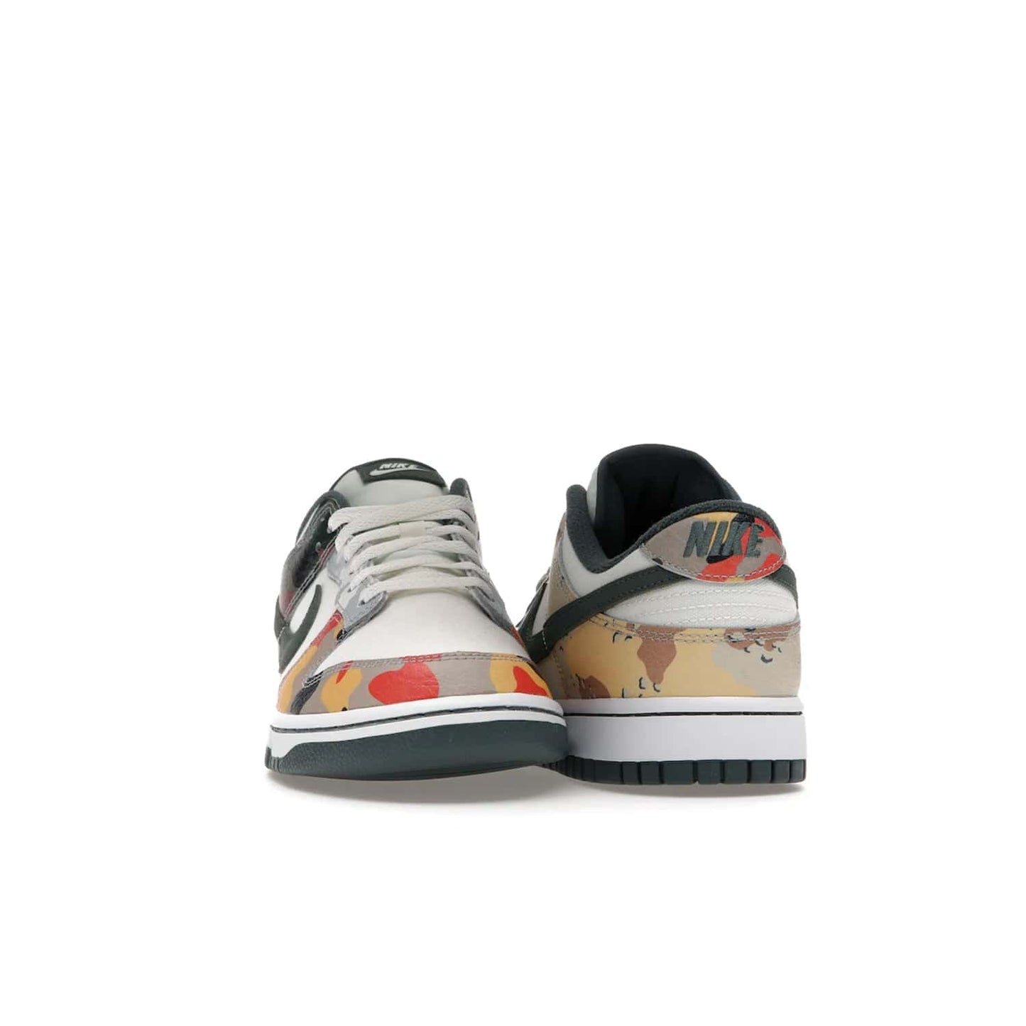 Nike Dunk Low SE Sail Multi-Camo - Image 9 - Only at www.BallersClubKickz.com - Classic design meets statement style in the Nike Dunk Low SE Sail Multi-Camo. White leather base with multi-color camo overlays, vibrant Nike Swooshes, and orange Nike embroidery. Get yours August 2021.