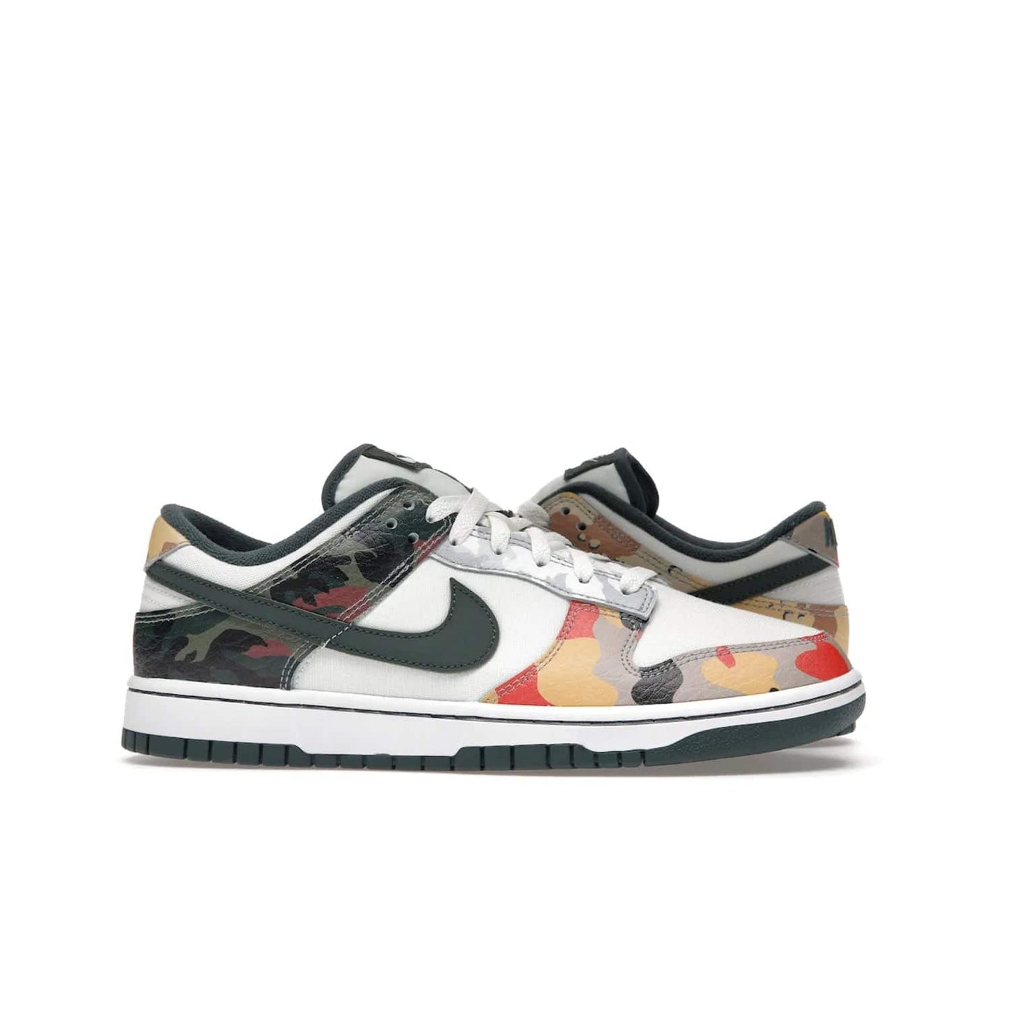 Nike Dunk Low SE Sail Multi-Camo - Image 2 - Only at www.BallersClubKickz.com - Classic design meets statement style in the Nike Dunk Low SE Sail Multi-Camo. White leather base with multi-color camo overlays, vibrant Nike Swooshes, and orange Nike embroidery. Get yours August 2021.