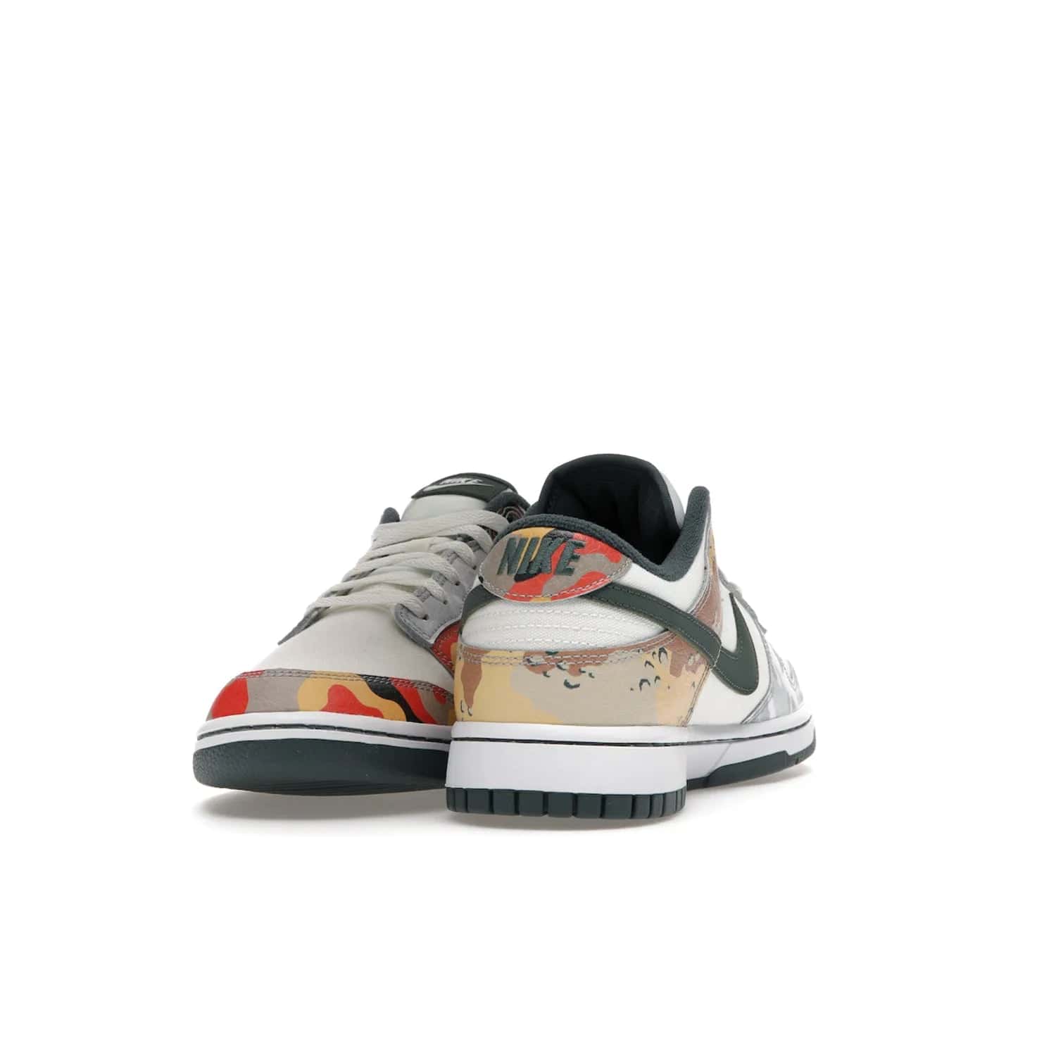 Nike Dunk Low SE Sail Multi-Camo - Image 12 - Only at www.BallersClubKickz.com - Classic design meets statement style in the Nike Dunk Low SE Sail Multi-Camo. White leather base with multi-color camo overlays, vibrant Nike Swooshes, and orange Nike embroidery. Get yours August 2021.