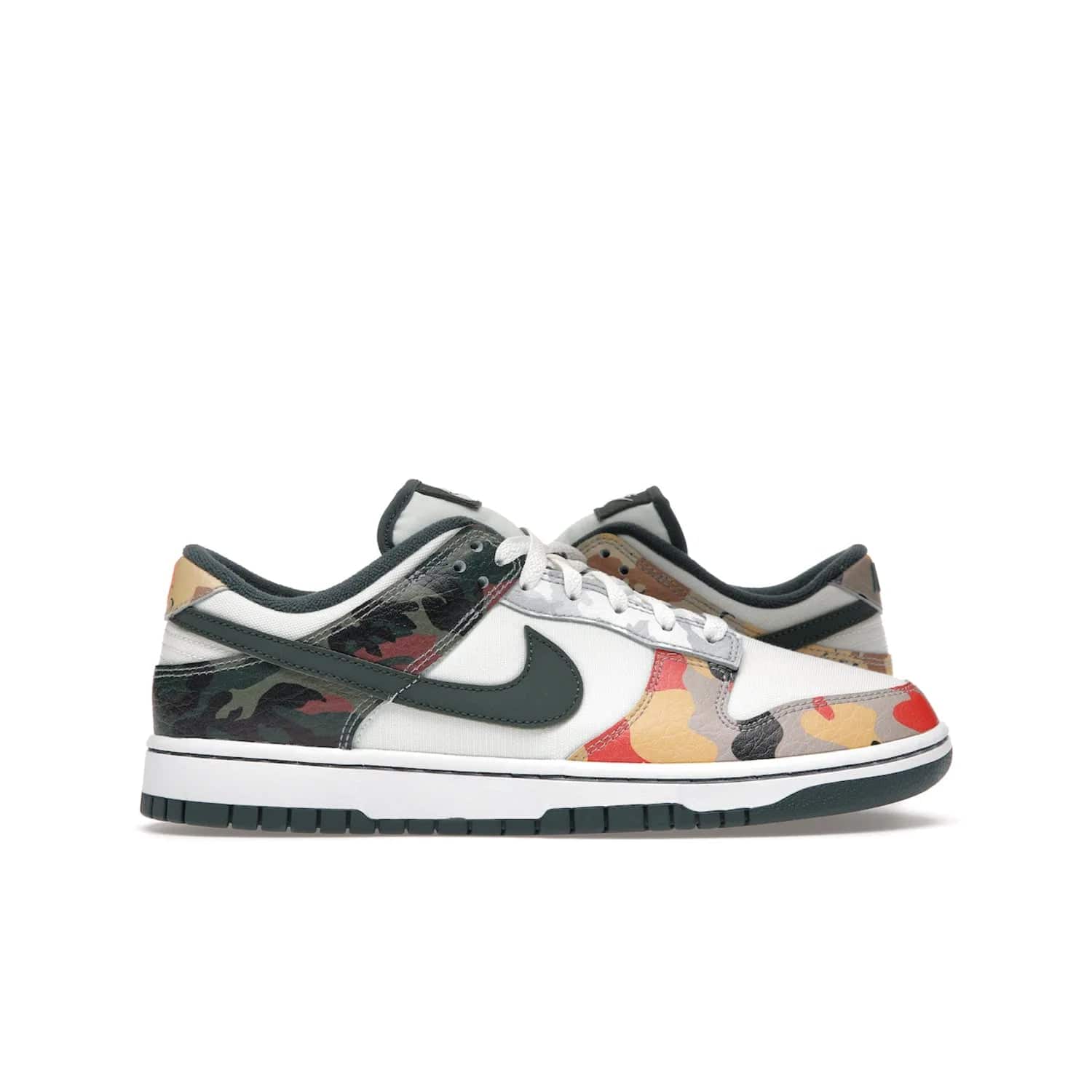 Nike Dunk Low SE Sail Multi-Camo - Image 1 - Only at www.BallersClubKickz.com - Classic design meets statement style in the Nike Dunk Low SE Sail Multi-Camo. White leather base with multi-color camo overlays, vibrant Nike Swooshes, and orange Nike embroidery. Get yours August 2021.